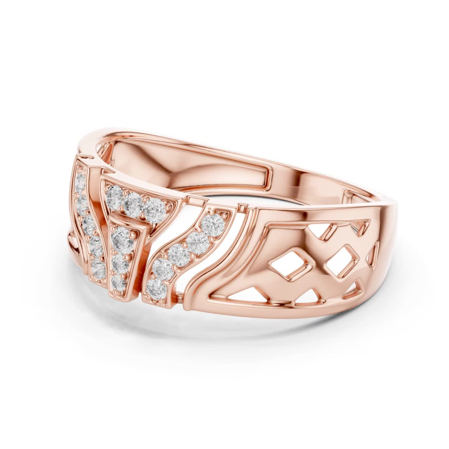 Openwork diamond rose gold band ring
Rose gold ring with diamond cluster design
Diamond rose gold band with geometric details
Wide rose gold ring featuring diamond accents
Decorative rose gold band with diamond pattern
Rose gold statement ring with diamond details
Modern rose gold ring showcasing diamonds
Polished rose gold band with open gallery design
Contemporary rose gold ring with diamond clusters
Geometric rose gold band with diamond settings
