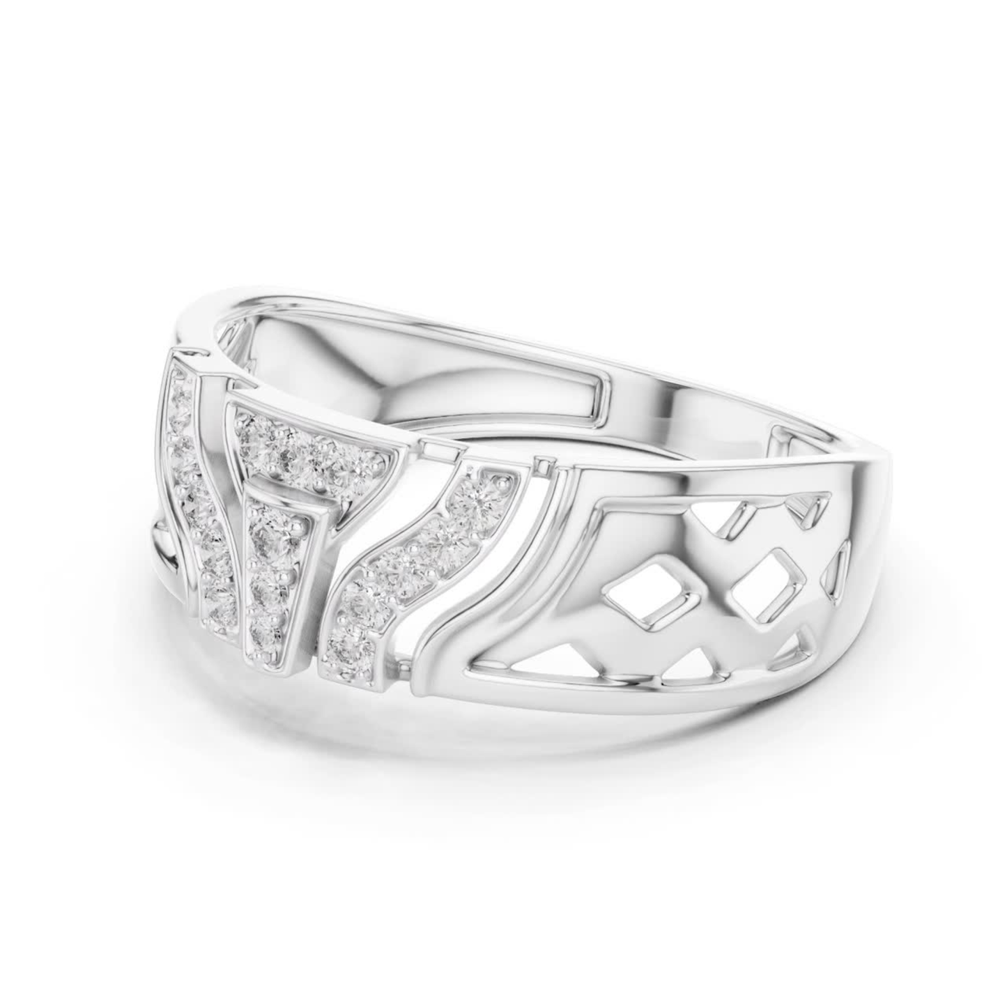 Openwork diamond white gold band ring
White gold ring with diamond cluster design
Diamond white gold band with geometric details
Wide white gold ring featuring diamond accents
Decorative white gold band with diamond pattern
White gold statement ring with diamond details
Modern white gold ring showcasing diamonds
Polished white gold band with open gallery design
Contemporary white gold ring with diamond clusters
Geometric white gold band with diamond settings