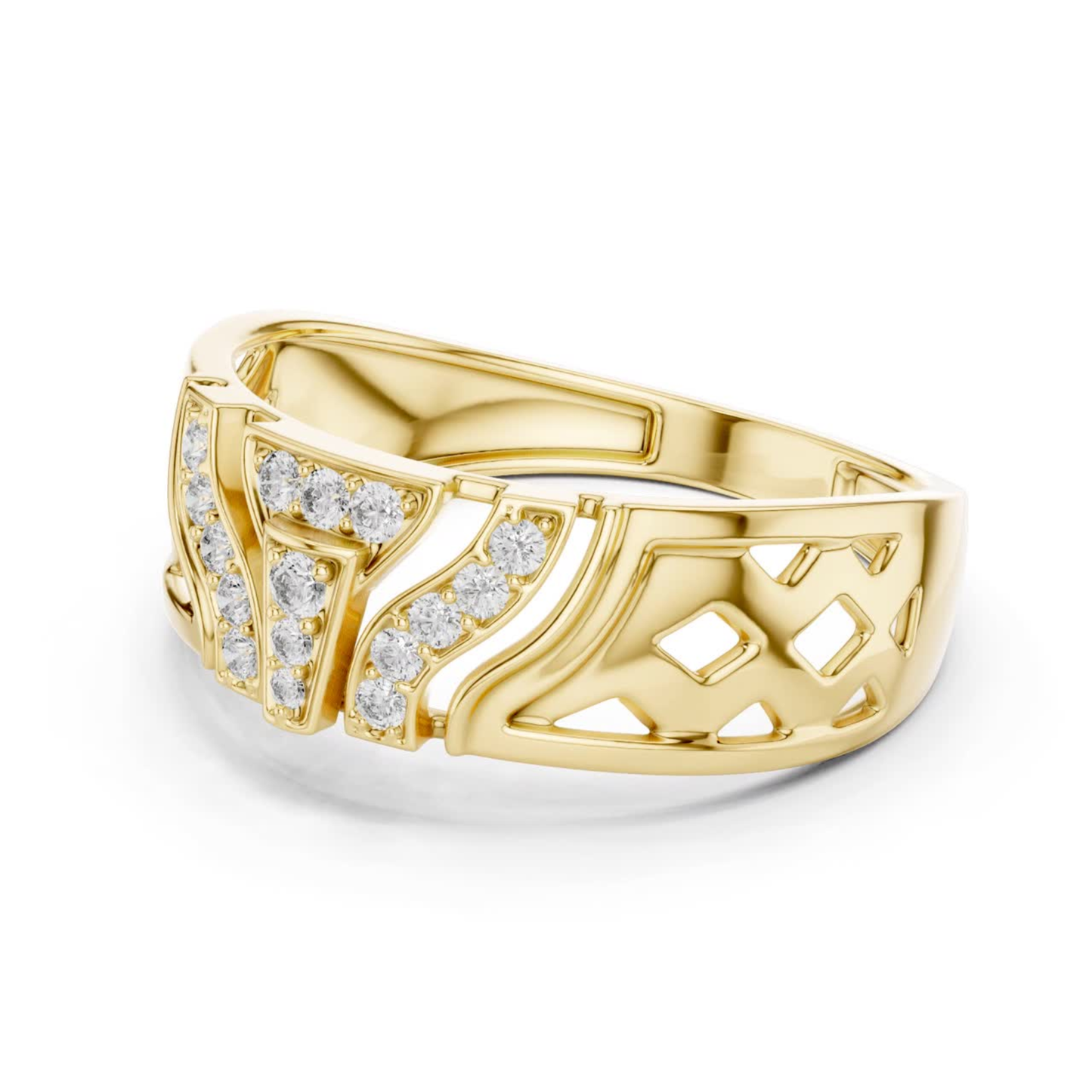 Openwork diamond yellow gold band ring
Yellow gold ring with diamond cluster design
Diamond yellow gold band with geometric details
Wide yellow gold ring featuring diamond accents
Decorative yellow gold band with diamond pattern
Yellow gold statement ring with diamond details
Modern yellow gold ring showcasing diamonds
Polished yellow gold band with open gallery design
Contemporary yellow gold ring with diamond clusters
Geometric yellow gold band with diamond settings
