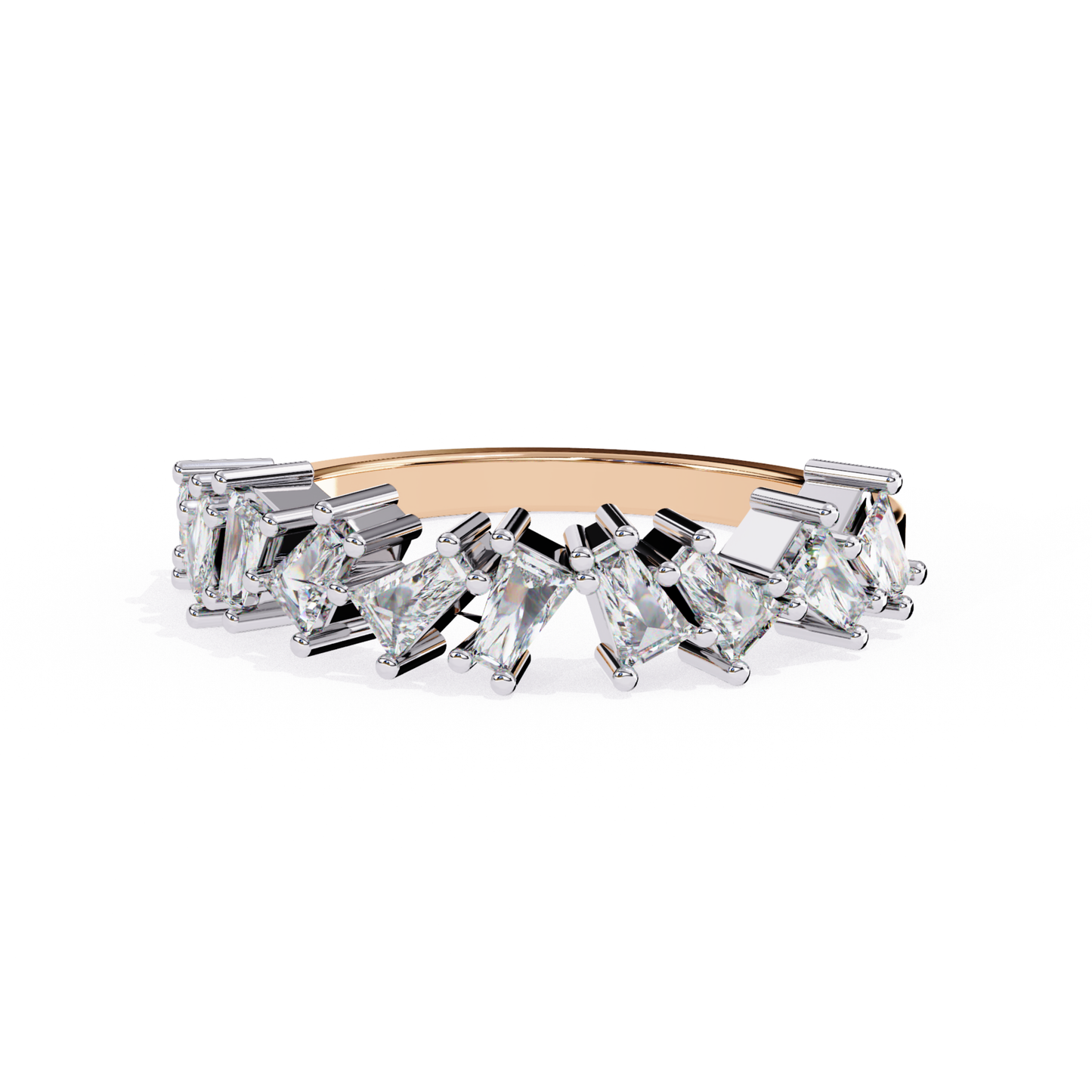 Front angle view of princess cut diamond band in rose gold