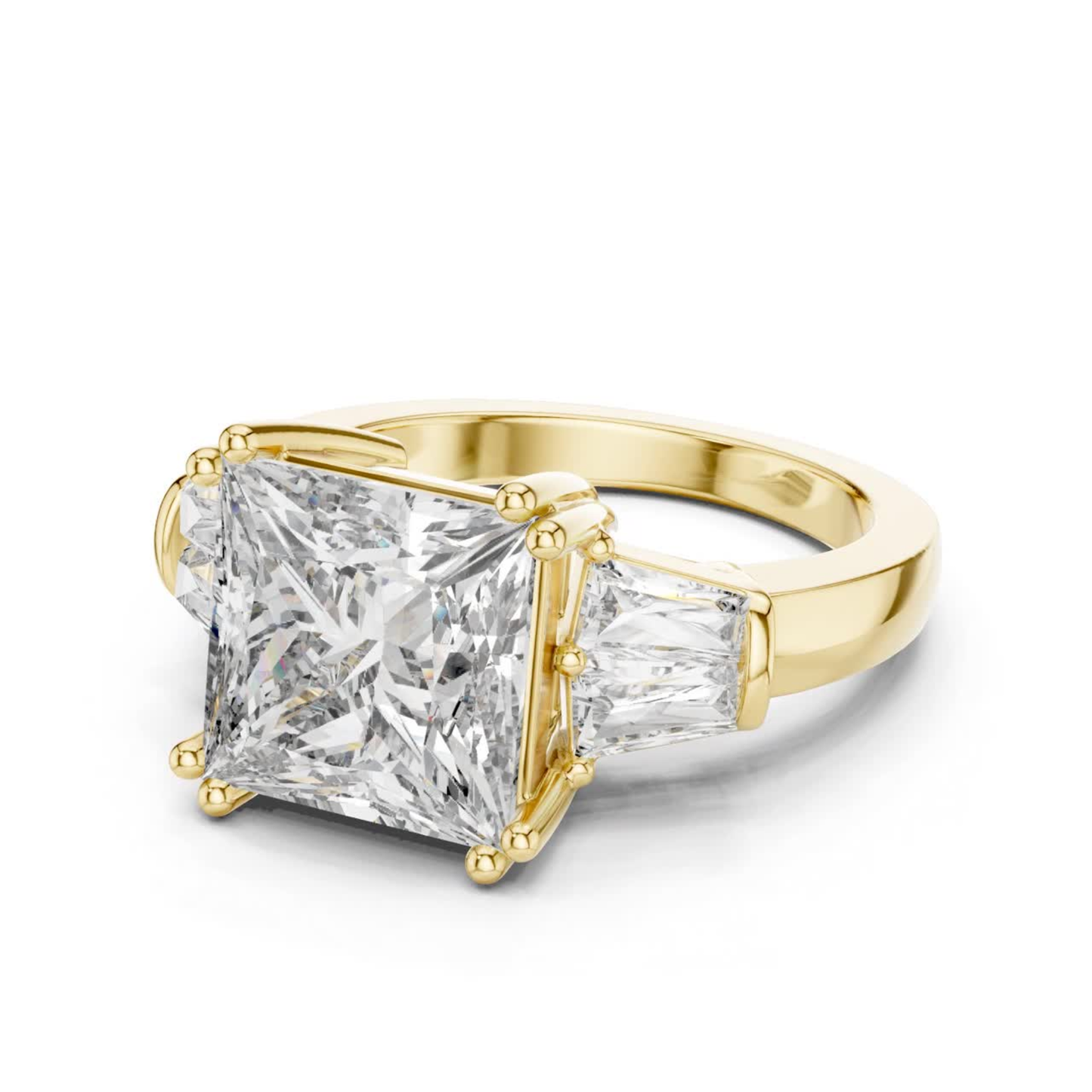 Angled view princess cut diamond engagement ring
Yellow gold princess cut baguette diamond ring
Princess cut diamond with tapered baguette sides
Three stone princess cut diamond ring
Four prong princess cut diamond ring
Yellow gold diamond ring angled profile
Princess cut ring with baguette side stones
Yellow gold three stone diamond ring
Princess cut diamond ring perspective view
Classic princess cut diamond ring in yellow gold