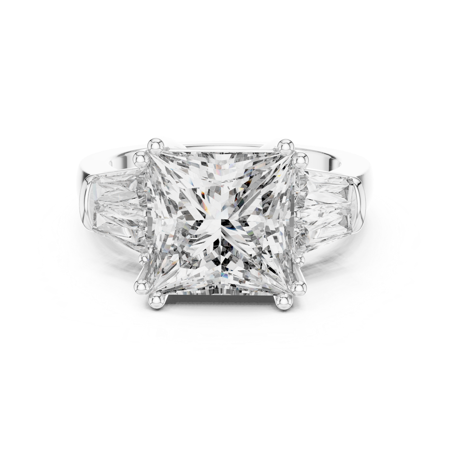 Princess cut diamond ring with baguette side stones
White gold princess cut baguette diamond ring
Front view princess cut three stone ring
Princess cut diamond with tapered baguette sides
Four prong princess cut diamond ring
White gold three stone diamond ring
Princess cut diamond ring front profile
White gold ring with baguette side diamonds
Classic princess cut diamond ring design
Princess cut diamond engagement ring