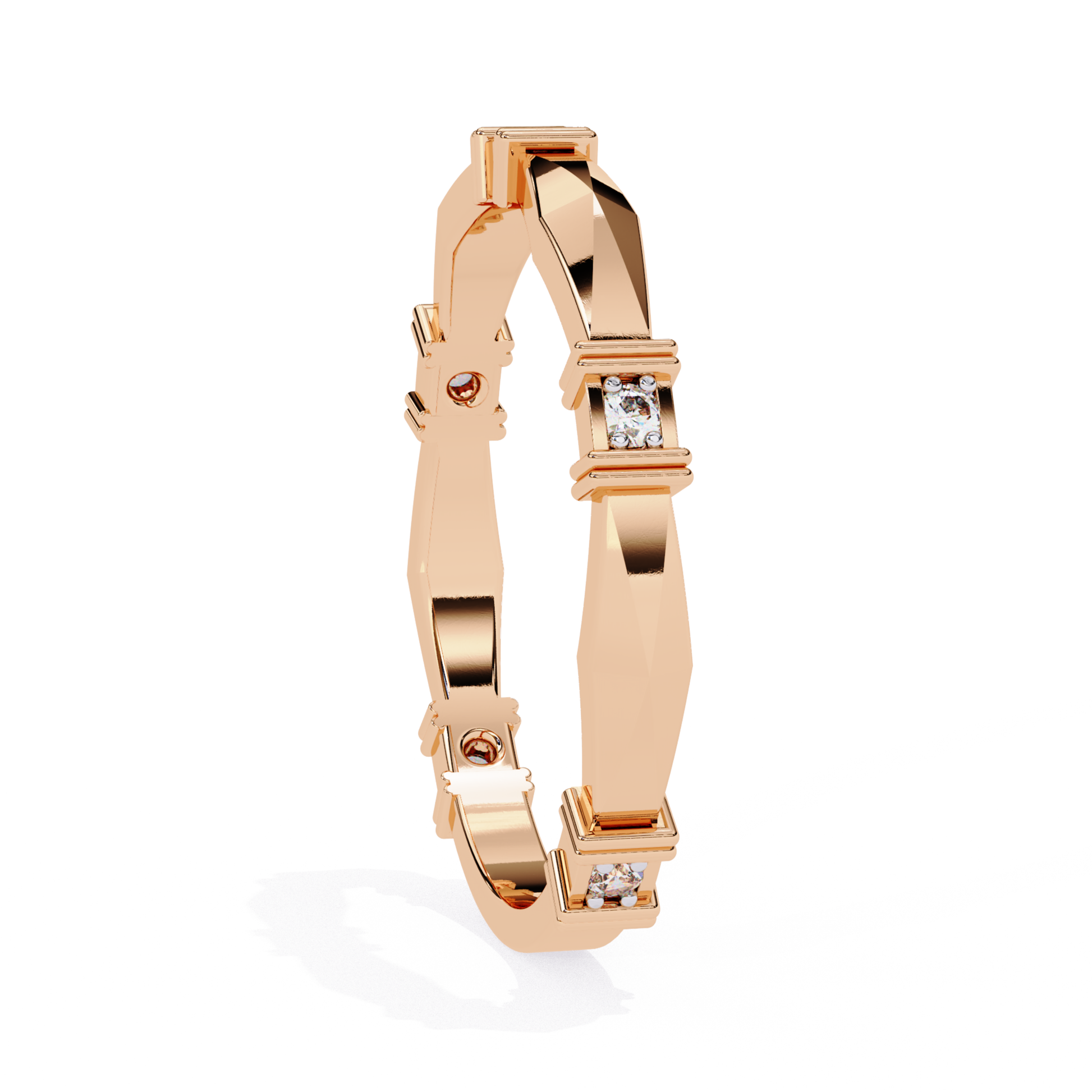 Rose gold band with square and round diamonds arranged in a unique angular design