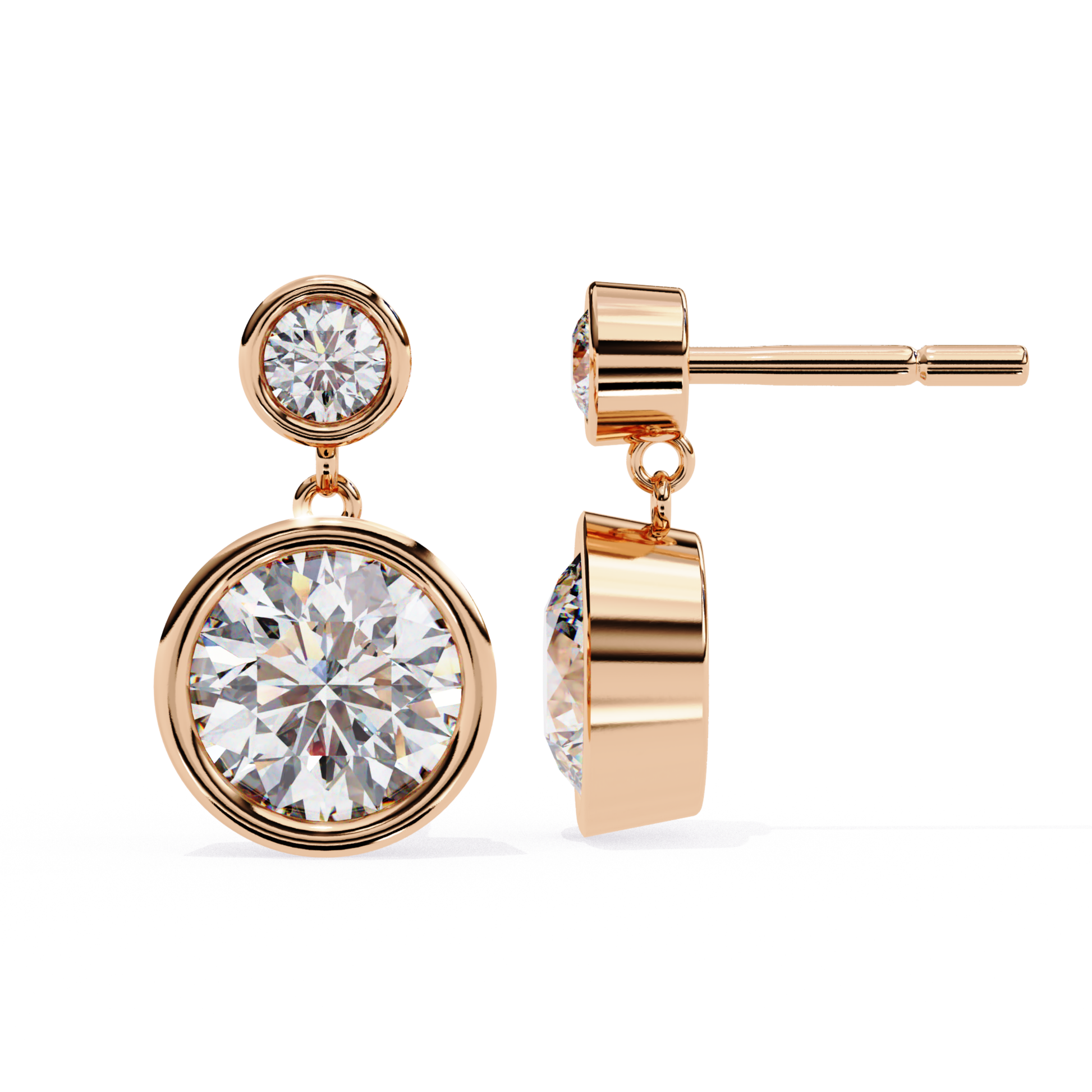 Stylish rose gold drop earrings with round-cut diamonds in a two-tiered setting, exuding elegance and refined beauty.