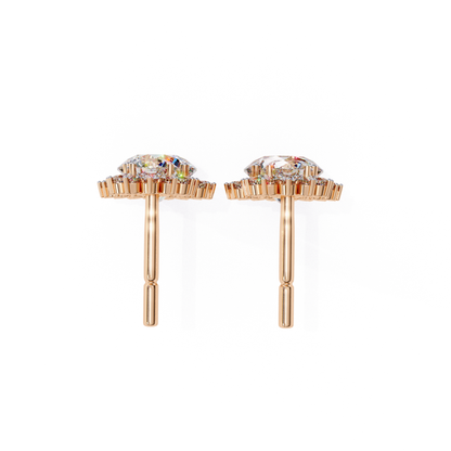 Beautiful rose-gold stud earrings adorned with a shimmering diamond halo.