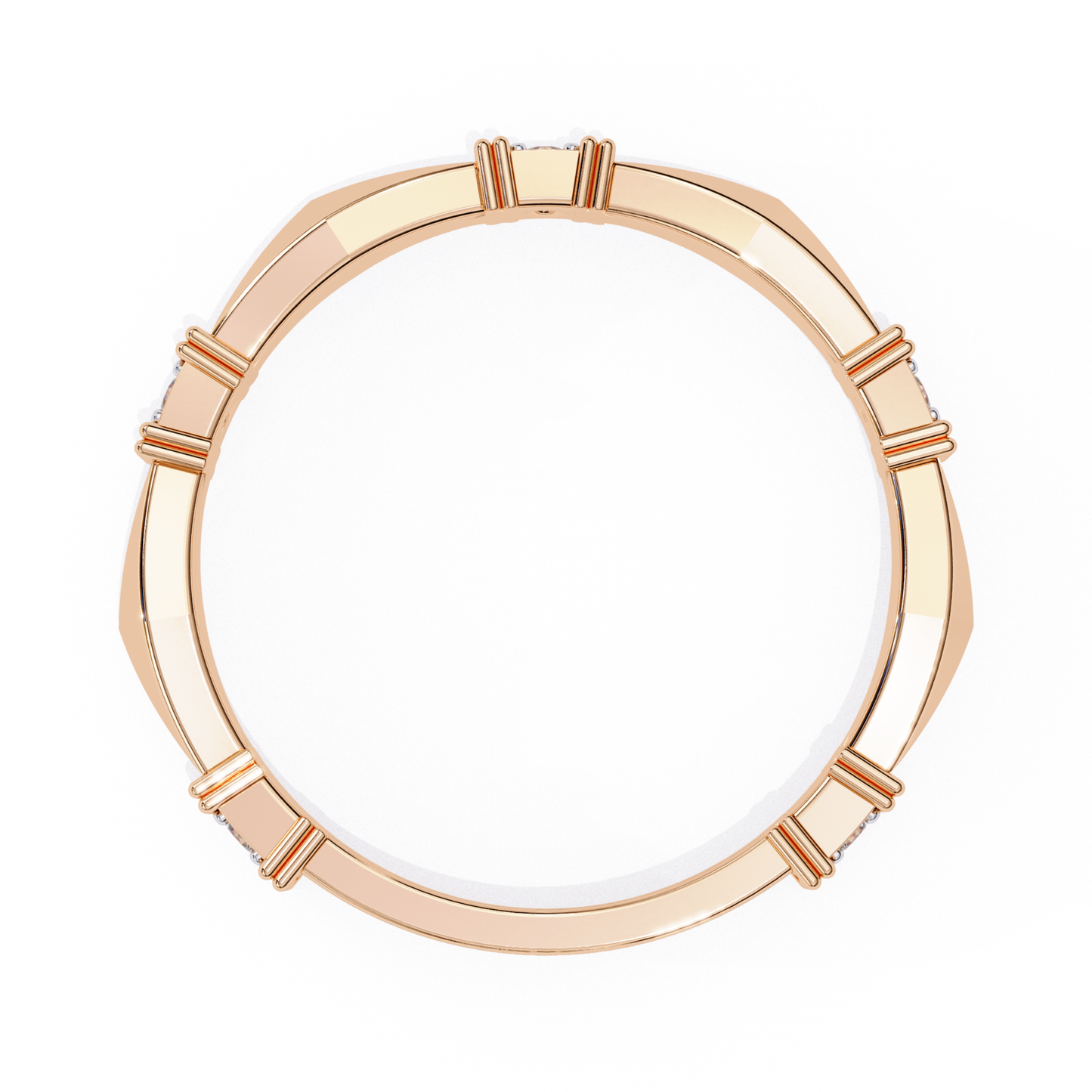 Side view of a rose gold ring featuring elegant diamond accents.