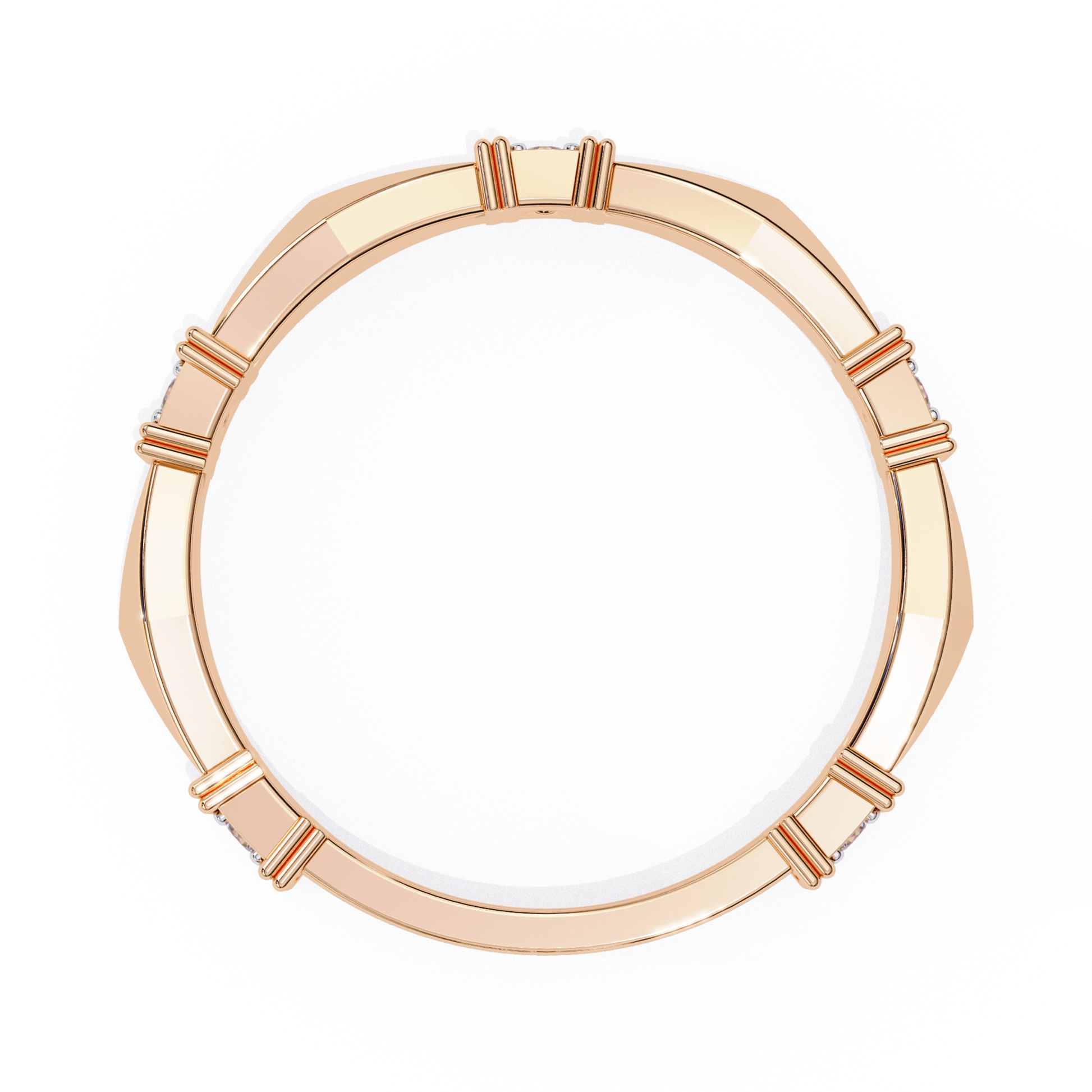 Side view of a rose gold ring featuring elegant diamond accents.
