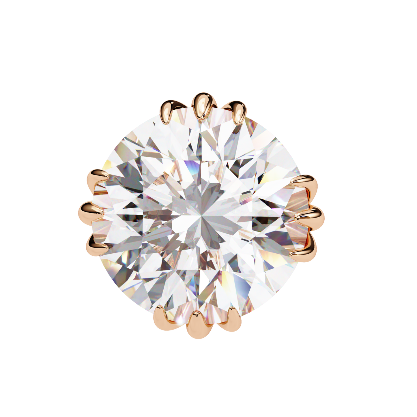 A close-up view of a luxurious rose gold solitaire earring with a dazzling round-cut diamond, featuring a secure six-prong setting for an elegant and refined finish