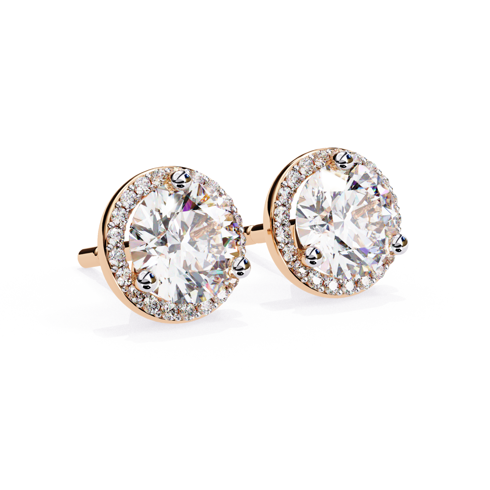 Rose gold stud earrings with round diamond halo border