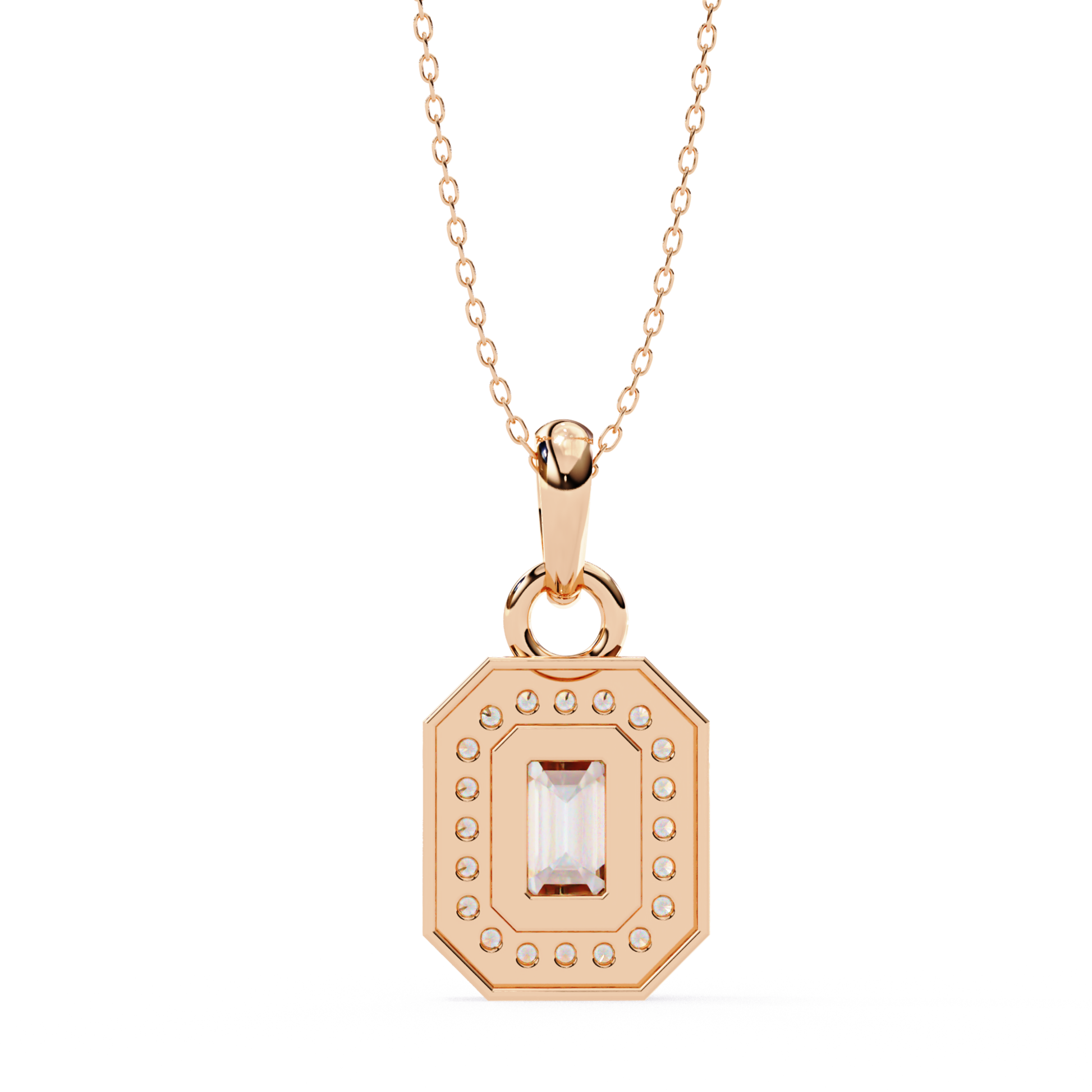 Rose gold pendant featuring an emerald cut diamond with a halo of smaller diamonds.