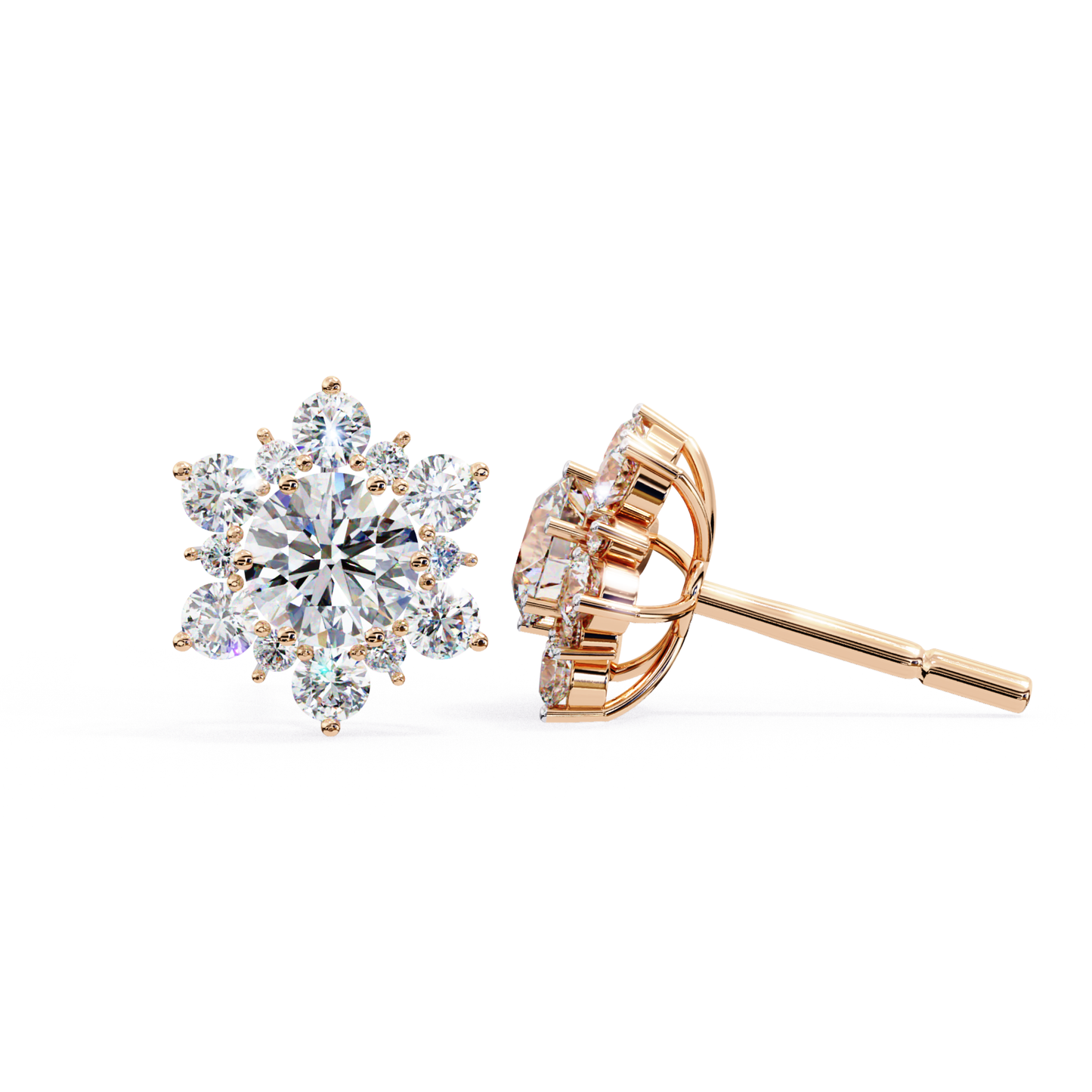Rose gold flower cluster diamond stud earrings with round center stone