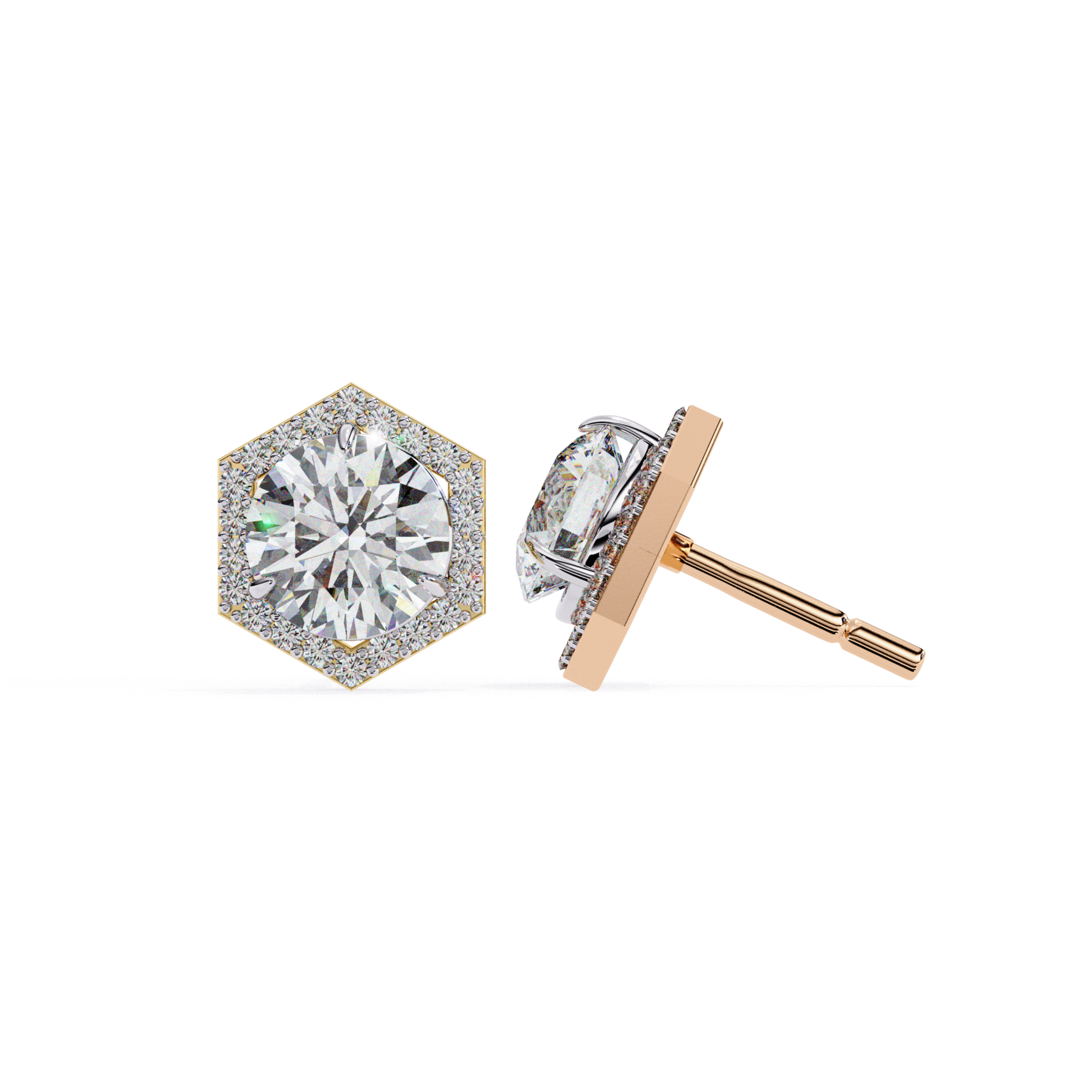 Elegant rose gold hexagonal stud earrings featuring a stunning round-cut diamond at the center, surrounded by a glimmering halo of diamonds for a luxurious touch.