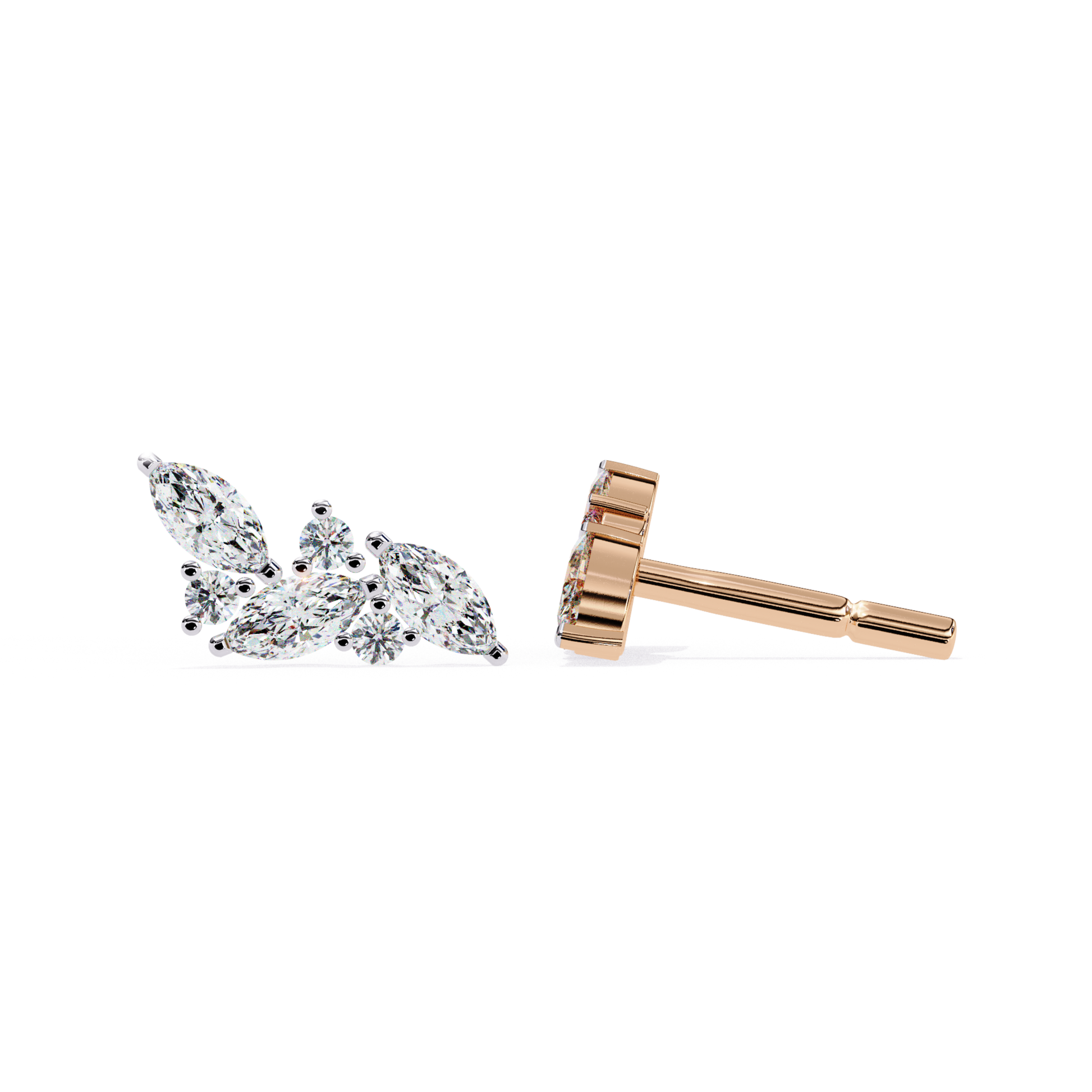  Beautiful rose-gold earrings with a cluster of marquise diamonds arranged in a graceful leaf shape.