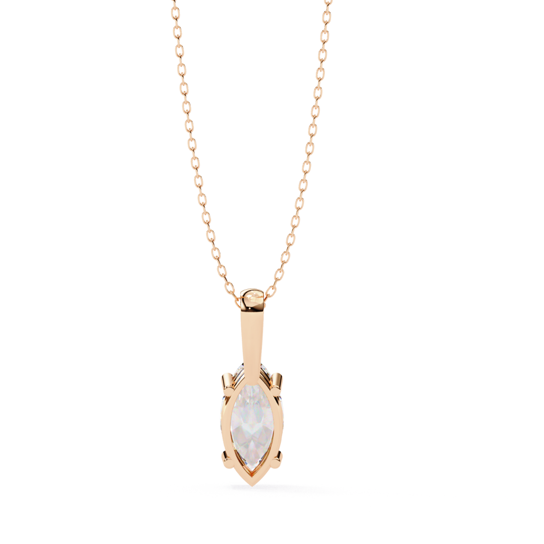 Rose gold necklace with a teardrop-shaped pendant on a white background