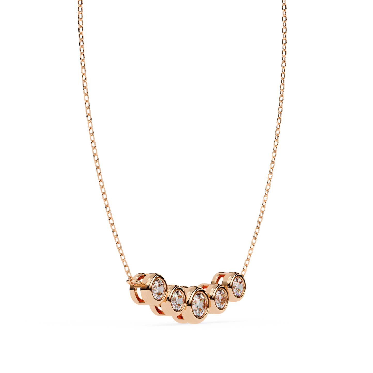 Rose gold necklace side view with round diamonds in bezel setting