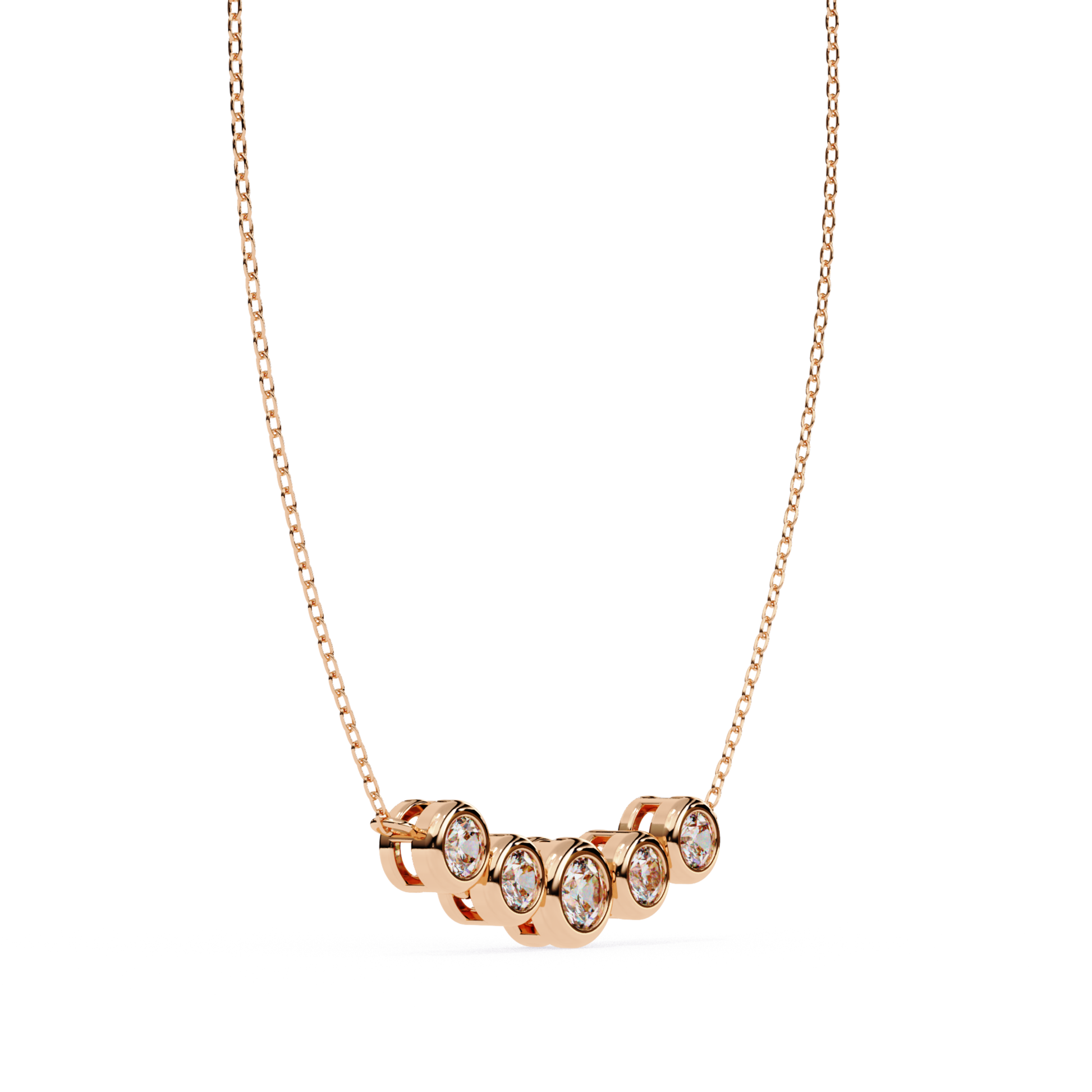 Rose gold necklace side view with round diamonds in bezel setting