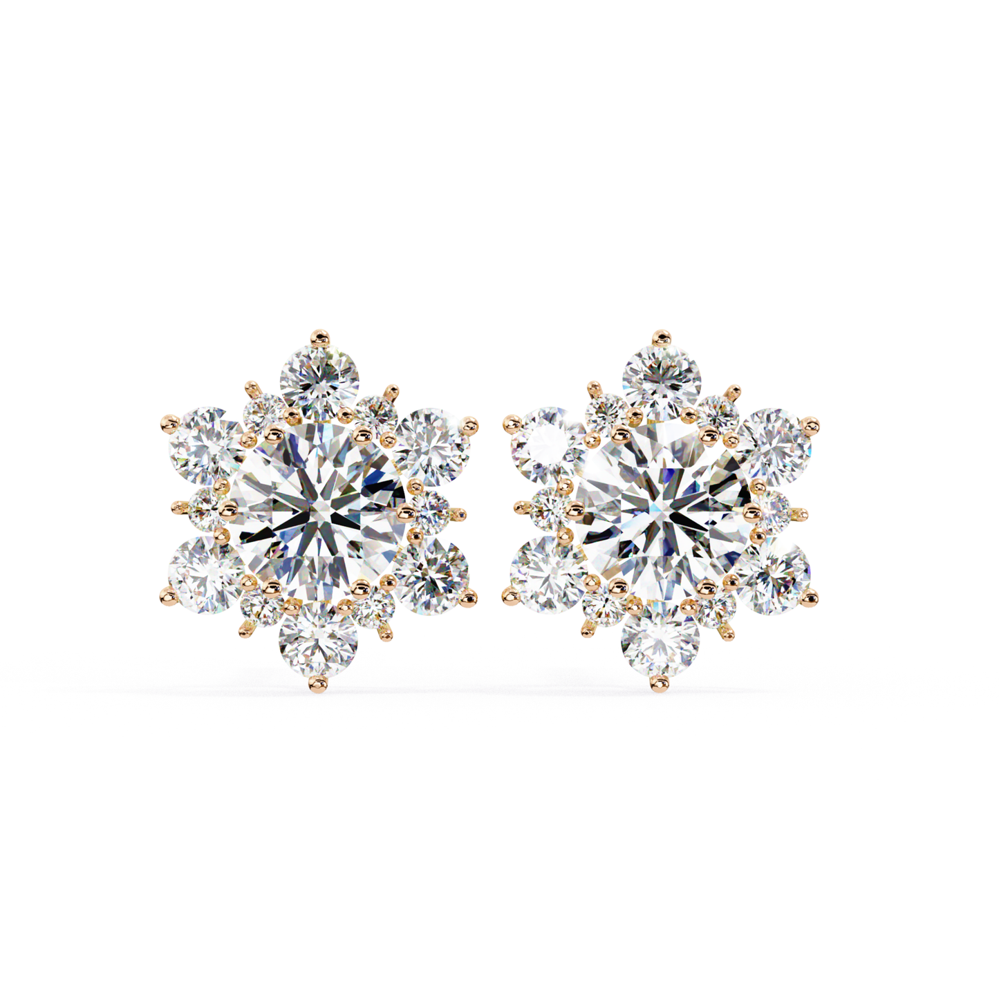 Rose-gold round diamond stud earrings with layered stone setting