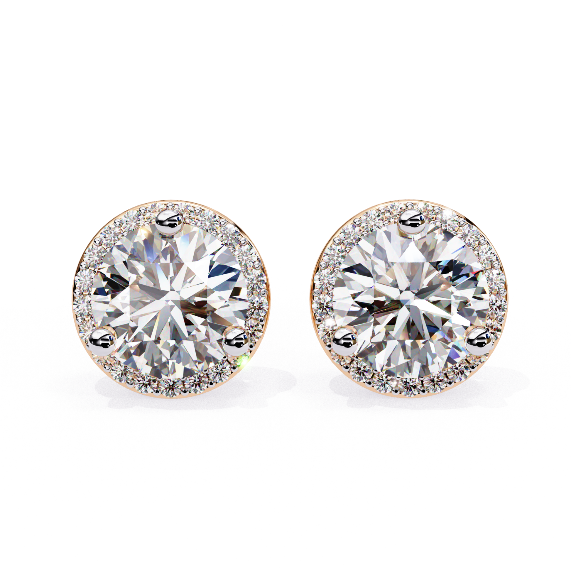 Rose gold round diamond stud earrings with halo detail