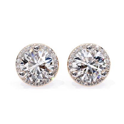 Rose gold round diamond stud earrings with halo detail