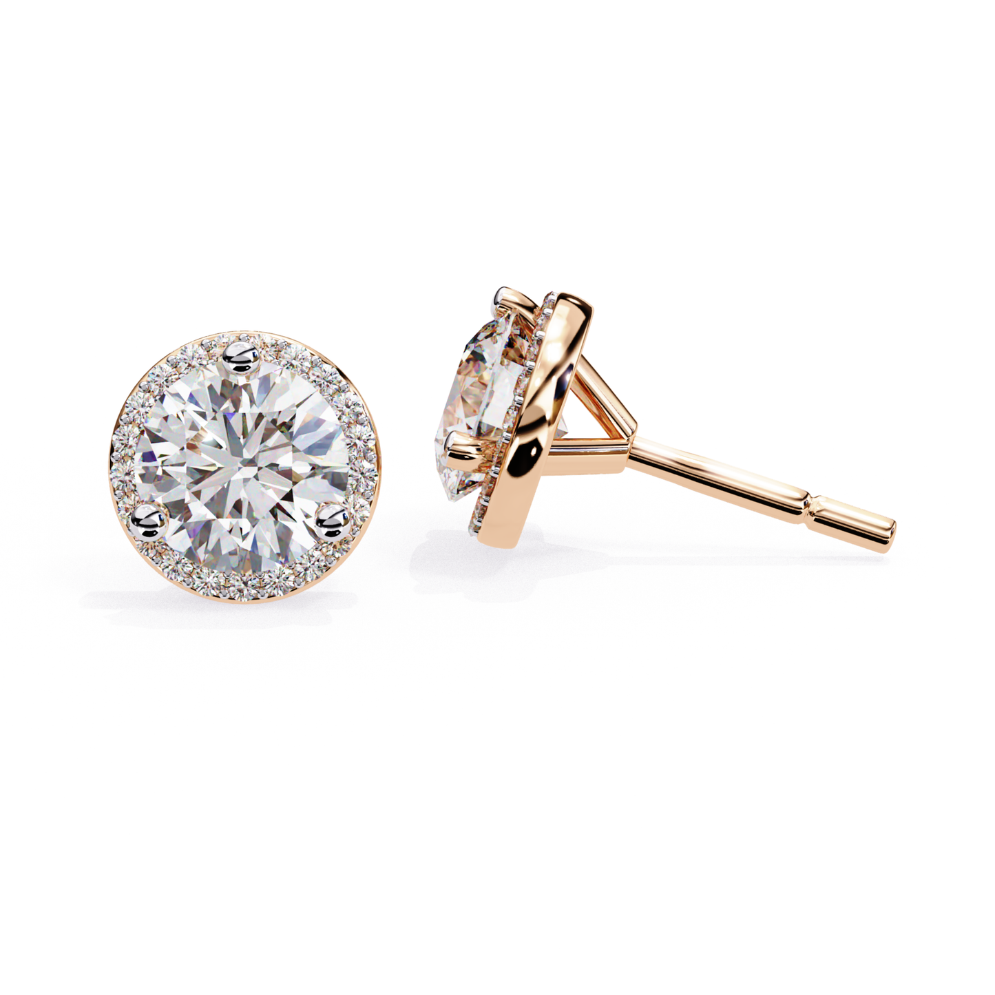 Rose gold round diamond stud earrings with halo design