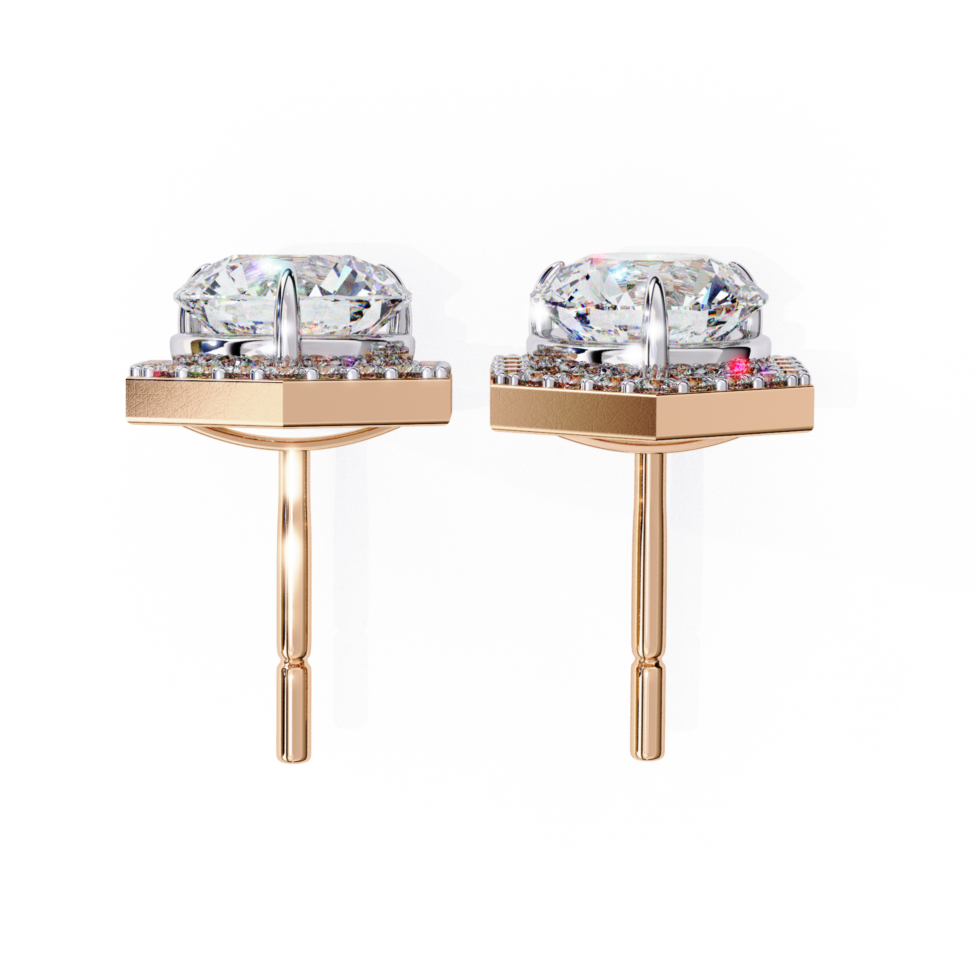 Stunning rose gold square halo earrings featuring a center round-cut diamond, surrounded by a glittering halo of smaller diamonds, perfect for any occasion.