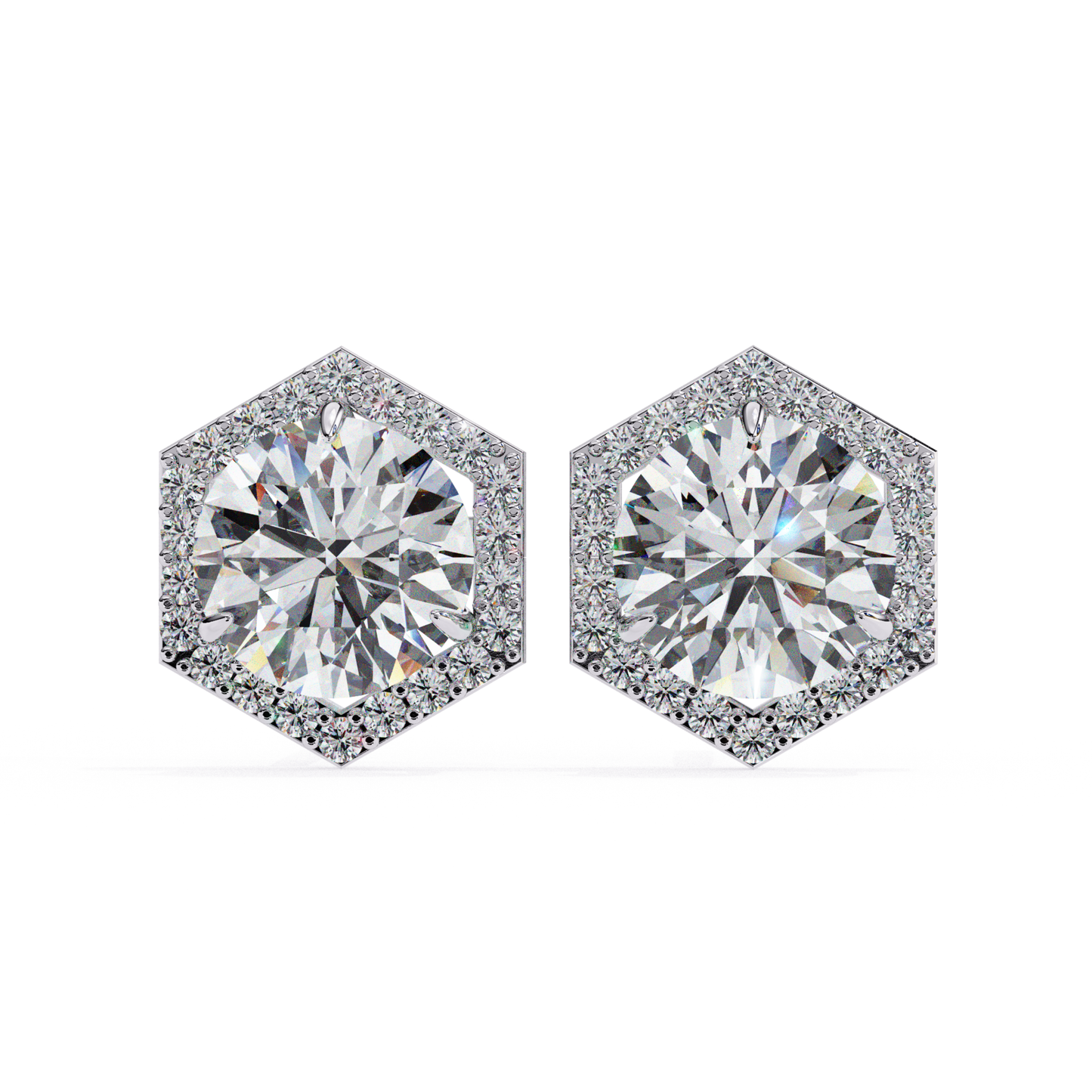 Charming rose gold hexagonal stud earrings, showcasing a radiant round-cut diamond encircled by a halo of smaller diamonds, offering a sophisticated touch to any ensemble.