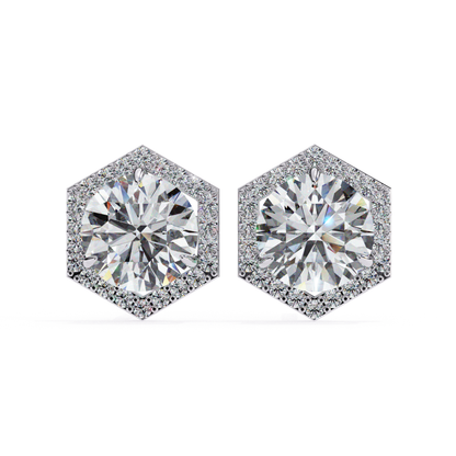 Charming rose gold hexagonal stud earrings, showcasing a radiant round-cut diamond encircled by a halo of smaller diamonds, offering a sophisticated touch to any ensemble.