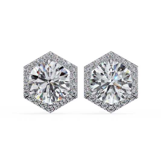 Charming rose gold hexagonal stud earrings, showcasing a radiant round-cut diamond encircled by a halo of smaller diamonds, offering a sophisticated touch to any ensemble.