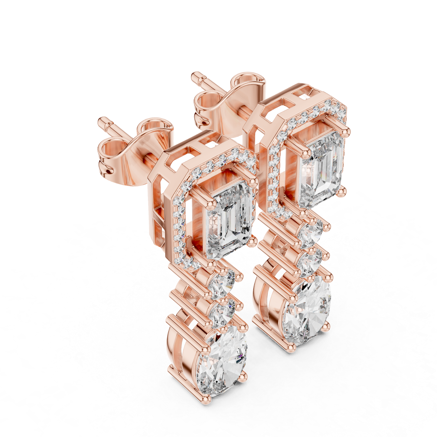 Angled view diamond drop earrings in rose gold
Rose gold emerald halo diamond dangle earrings angle view
Oval diamond drop earrings with emerald cut top
Luxury rose gold geometric diamond earrings
Emerald and oval diamond drop earrings side angle
Rose gold multi stone diamond dangle earrings
Angled profile lab diamond drop earrings
Elegant rose gold statement diamond earrings
Emerald halo top with oval diamond drops
Rose gold prong set diamond drop earrings