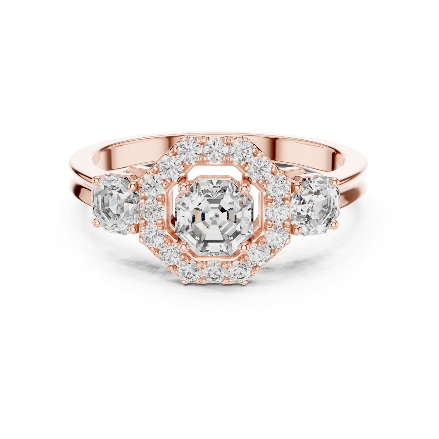 Rose gold Asscher halo three stone diamond ring
Rose gold halo ring with Asscher cut diamond
Three stone Asscher diamond ring in rose gold
Rose gold ring with halo center diamond
Asscher cut diamond ring with rose gold band
Rose gold diamond ring with halo setting
Three stone rose gold engagement ring design
Rose gold Asscher diamond ring with side stones
Halo diamond ring with polished rose gold band
Rose gold ring with Asscher center diamond