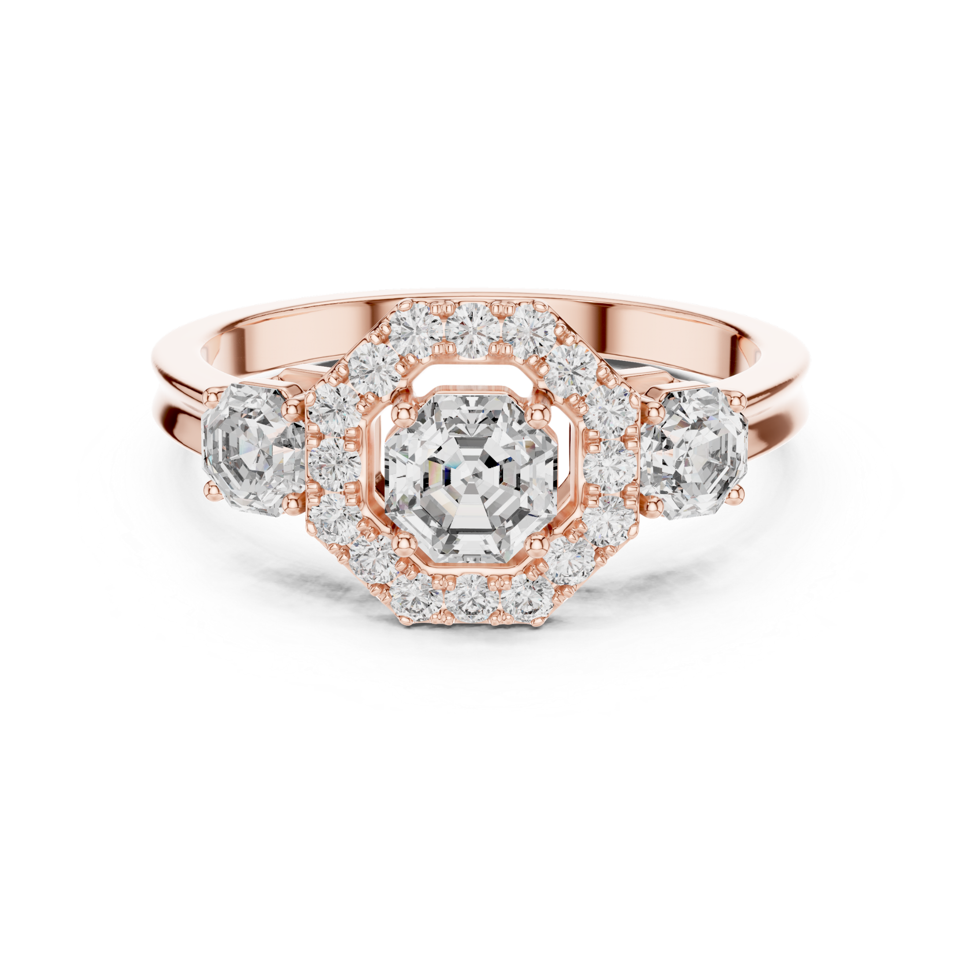 Rose gold Asscher halo three stone diamond ring
Rose gold halo ring with Asscher cut diamond
Three stone Asscher diamond ring in rose gold
Rose gold ring with halo center diamond
Asscher cut diamond ring with rose gold band
Rose gold diamond ring with halo setting
Three stone rose gold engagement ring design
Rose gold Asscher diamond ring with side stones
Halo diamond ring with polished rose gold band
Rose gold ring with Asscher center diamond