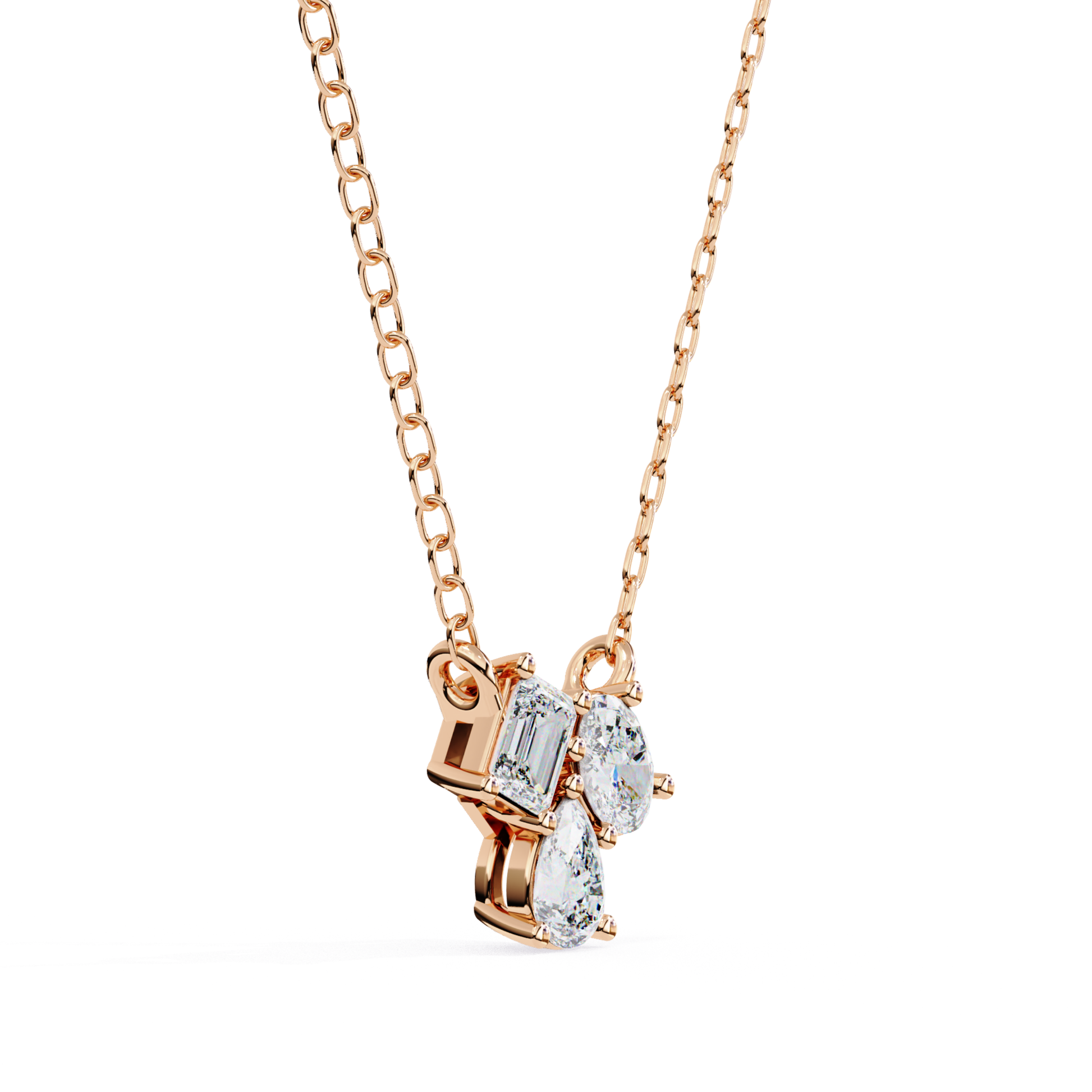 Rose gold pendant necklace with emerald cut and pear shaped diamonds