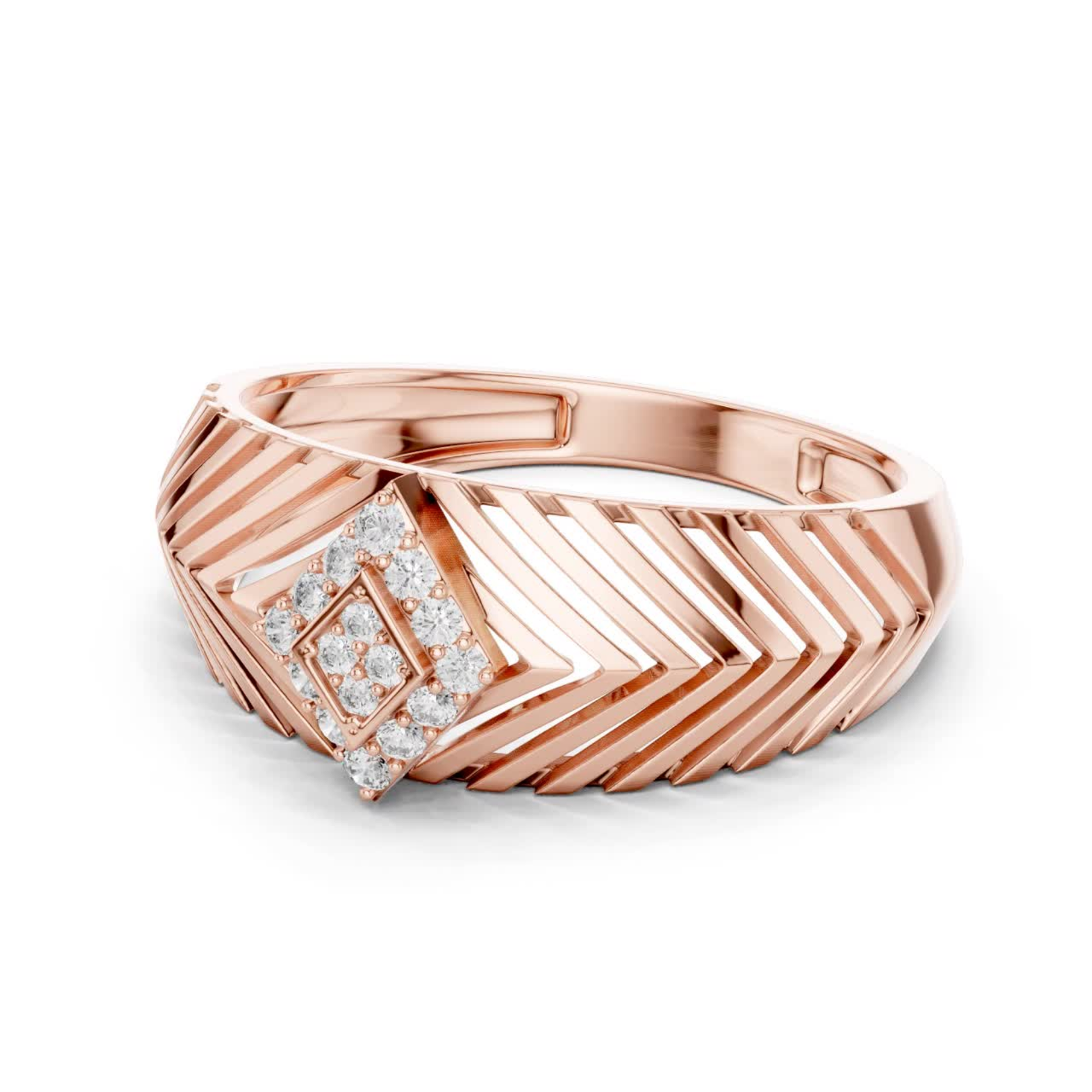 Rose gold chevron diamond ring side view
Side profile rose gold geometric diamond band
Rose gold layered pattern diamond fashion ring
Modern rose gold angular diamond band ring
Rose gold Art Deco style diamond ring
Contemporary rose gold textured band ring
Rose gold round diamond chevron pattern ring
Elegant rose gold geometric fashion band
Rose gold open pattern diamond ring side angle
Round diamond rose gold structured band ring