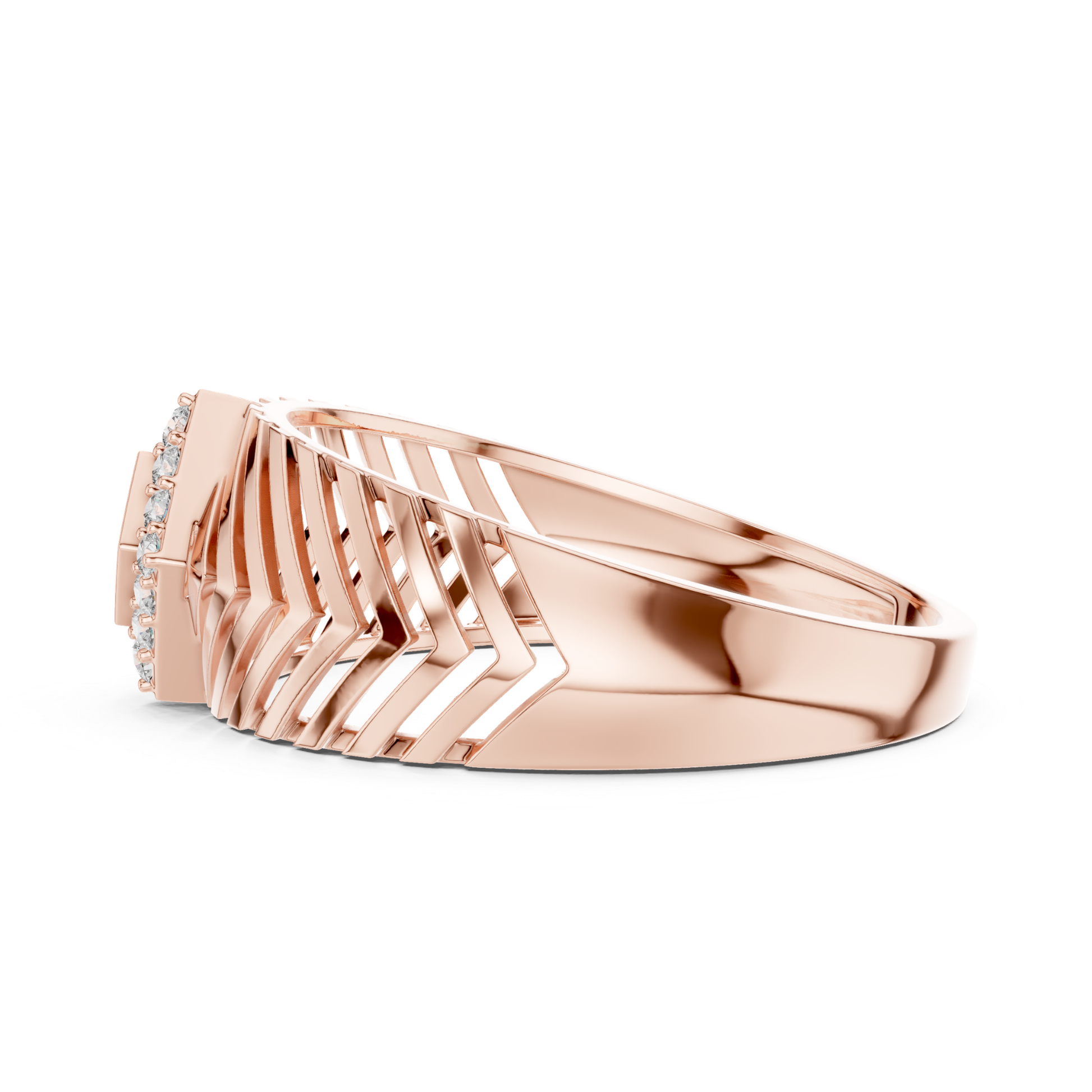 Rose gold chevron pattern ring side view
Side angle rose gold geometric diamond ring
Rose gold layered chevron band ring profile
Modern rose gold angular pattern ring
Rose gold open chevron style band ring
Contemporary rose gold structured fashion ring
Rose gold textured geometric side profile ring
Elegant rose gold chevron design band ring
Rose gold Art Deco inspired diamond ring
Round diamond rose gold patterned side ring