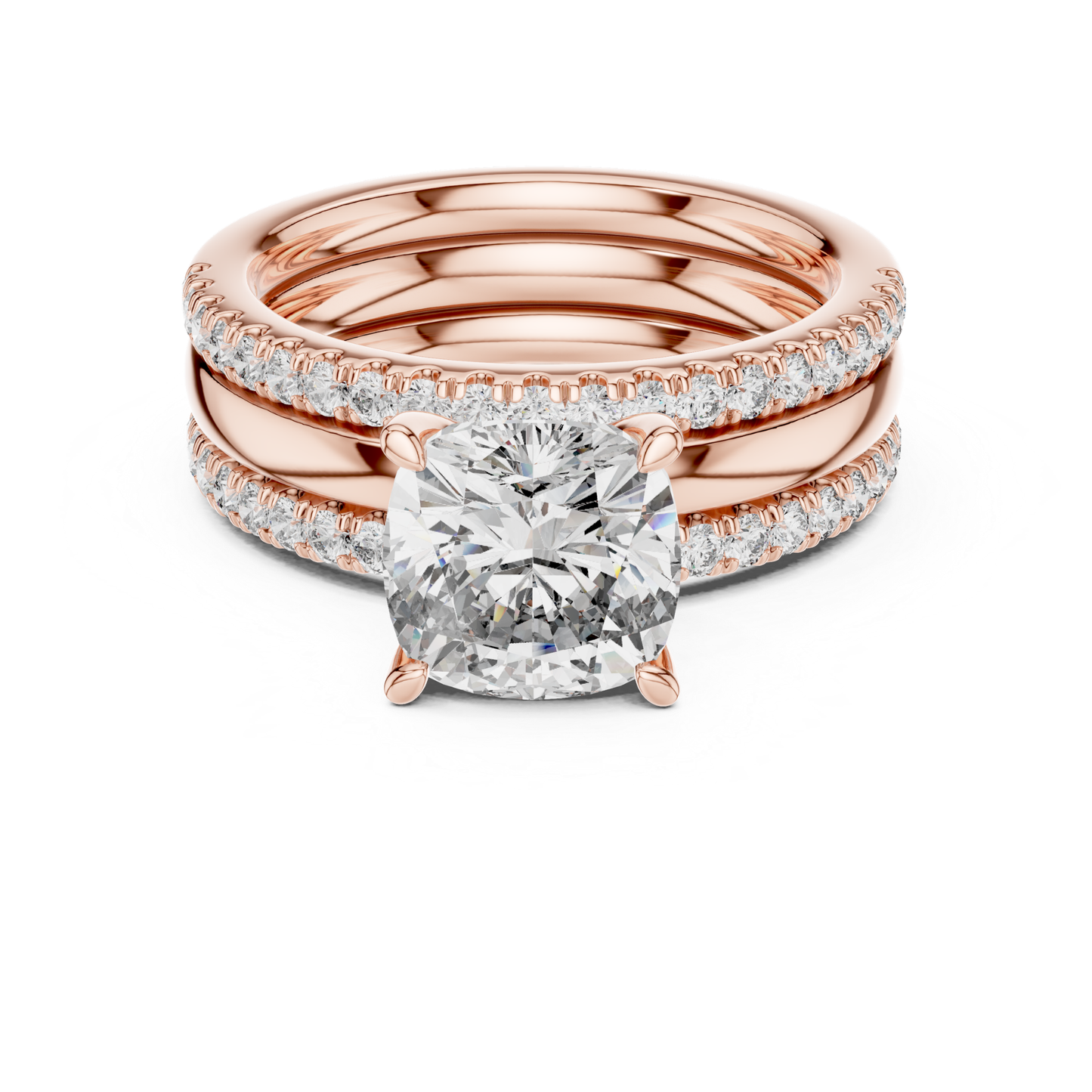 Rose gold cushion cut diamond bridal ring set
Cushion cut diamond engagement ring set
Rose gold diamond wedding ring stack
Cushion solitaire ring with diamond bands
Rose gold bridal set with round diamonds
Luxury cushion cut diamond ring set
Diamond engagement ring with matching bands
Rose gold cushion diamond wedding set
Elegant bridal ring stack with Pave diamonds
Cushion cut solitaire diamond ring in rose gold