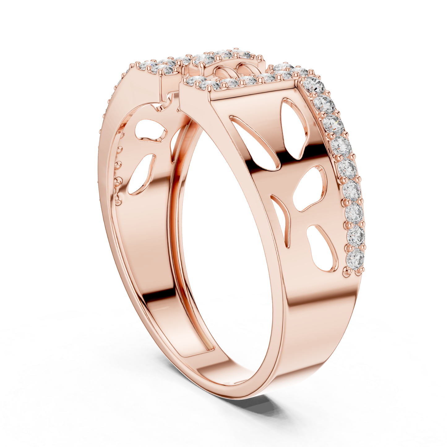 Rose gold cutout diamond statement ring side view
Side profile rose gold abstract diamond ring
Rose gold openwork band with round diamonds
Contemporary rose gold cutout diamond design
Bold rose gold fashion ring side angle
Rose gold luxury open style diamond ring
Elegant rose gold designer band with diamonds
Rose gold geometric statement ring profile
Modern rose gold wide band with diamonds
Rose gold polished cutout ring with diamonds