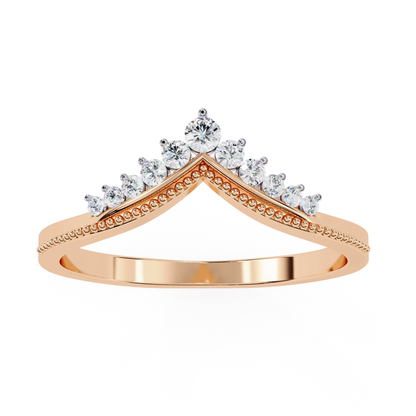 Rose gold V band with round diamonds
Crown pattern diamond band in rose gold
V shape rose gold diamond band
Round diamond set V band ring
Rose gold band with raised diamonds
Front view rose gold V band
Rose gold ring with diamond row
Top view V shape diamond band
Rose gold band with center diamond
Rose gold V design diamond ring