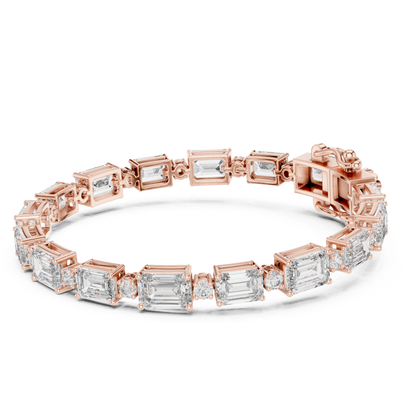 Close up rose gold emerald and round diamond bracelet
Rose gold bracelet with emerald cut diamond links
Detailed view mixed shape diamond tennis bracelet
Emerald and round diamond bracelet close perspective
Rose gold bracelet with step cut diamond pattern
Close angle emerald diamond bracelet with round accents
Rose gold geometric diamond bracelet detail view
Mixed cut diamond bracelet with secure clasp
Emerald and round diamond line bracelet close up
Rose gold bracelet emerald and round diamonds