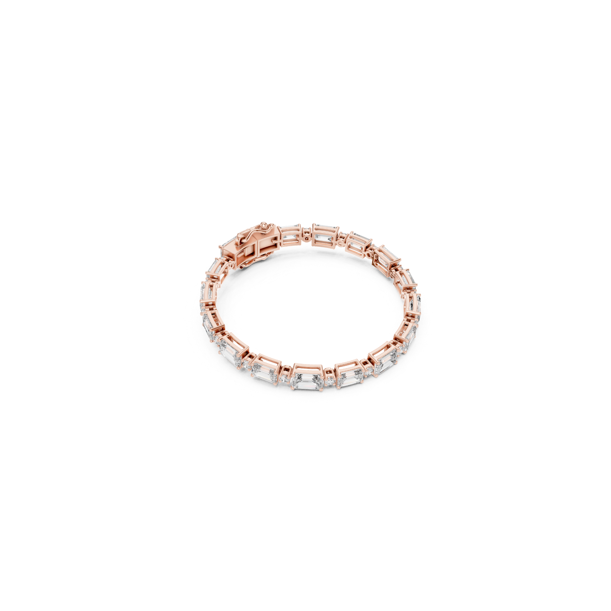 Top view rose gold emerald and round diamond bracelet
Rose gold tennis bracelet with emerald cut stones
Mixed shape diamond bracelet overhead view
Emerald and round diamond bracelet top angle
Rose gold bracelet with step cut diamond pattern
Circular emerald and round diamond bracelet
Rose gold geometric diamond tennis bracelet
Top profile mixed cut diamond bracelet
Emerald cut bracelet with round diamond accents
Rose gold bracelet with emerald and round diamonds