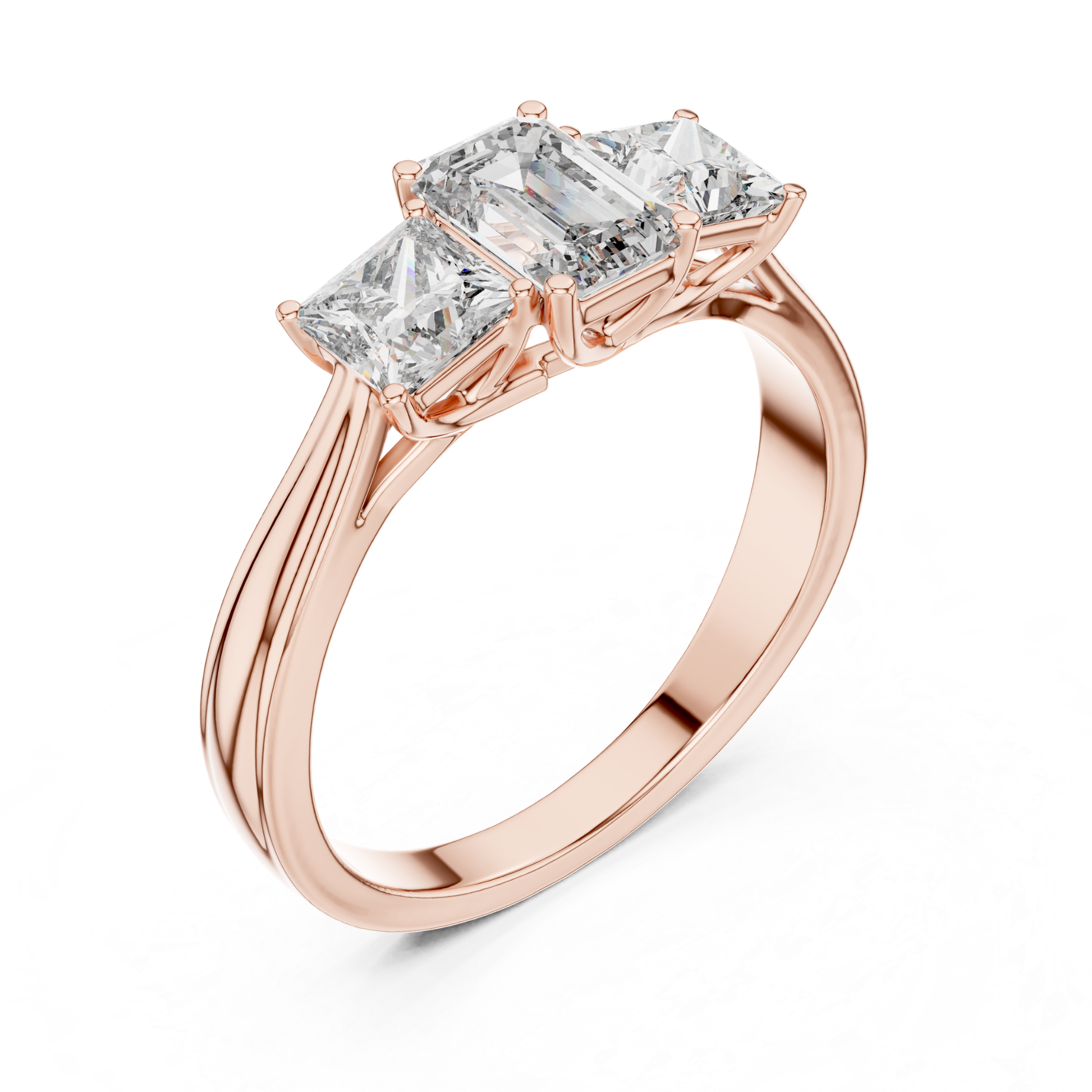 Rose gold emerald cut three diamond ring angle
Angled emerald cut three diamond gold ring
Rose gold emerald center diamond ring profile
Emerald cut ring with princess side diamonds
Rose gold three diamond ring angled view
Polished emerald cut three diamond gold ring
Triple shoulder emerald cut diamond ring
Emerald center ring with square side diamonds
Rose gold angled three diamond ring style
Classic emerald cut three diamond gold ring