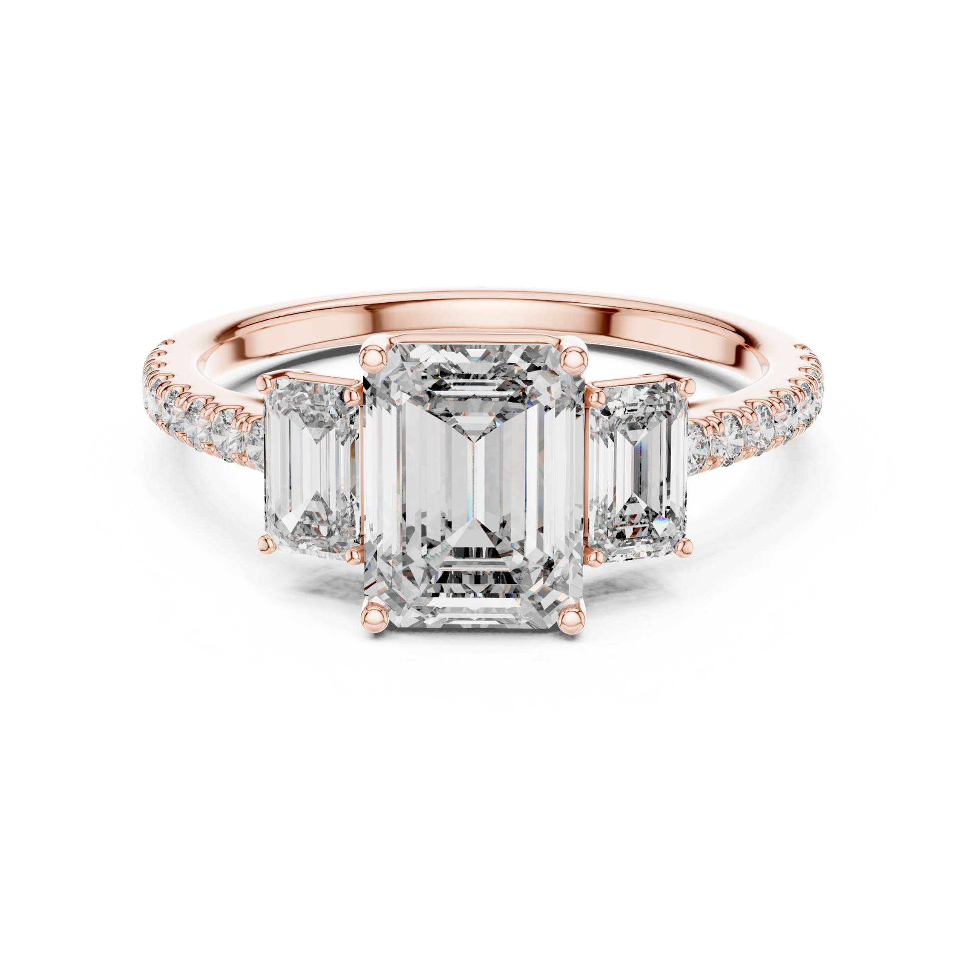 Emerald cut three stone diamond ring in rose gold
Rose gold emerald diamond engagement ring with side stones
Emerald cut diamond ring with pave band in rose gold
Three stone emerald diamond ring front view
Rose gold ring with emerald cut center diamond
Emerald cut lab diamond ring with tapered side stones
Minimal rose gold emerald diamond engagement ring
Pave band emerald cut three stone ring
Classic emerald cut diamond ring in rose gold
Rose gold three stone ring with emerald diamonds