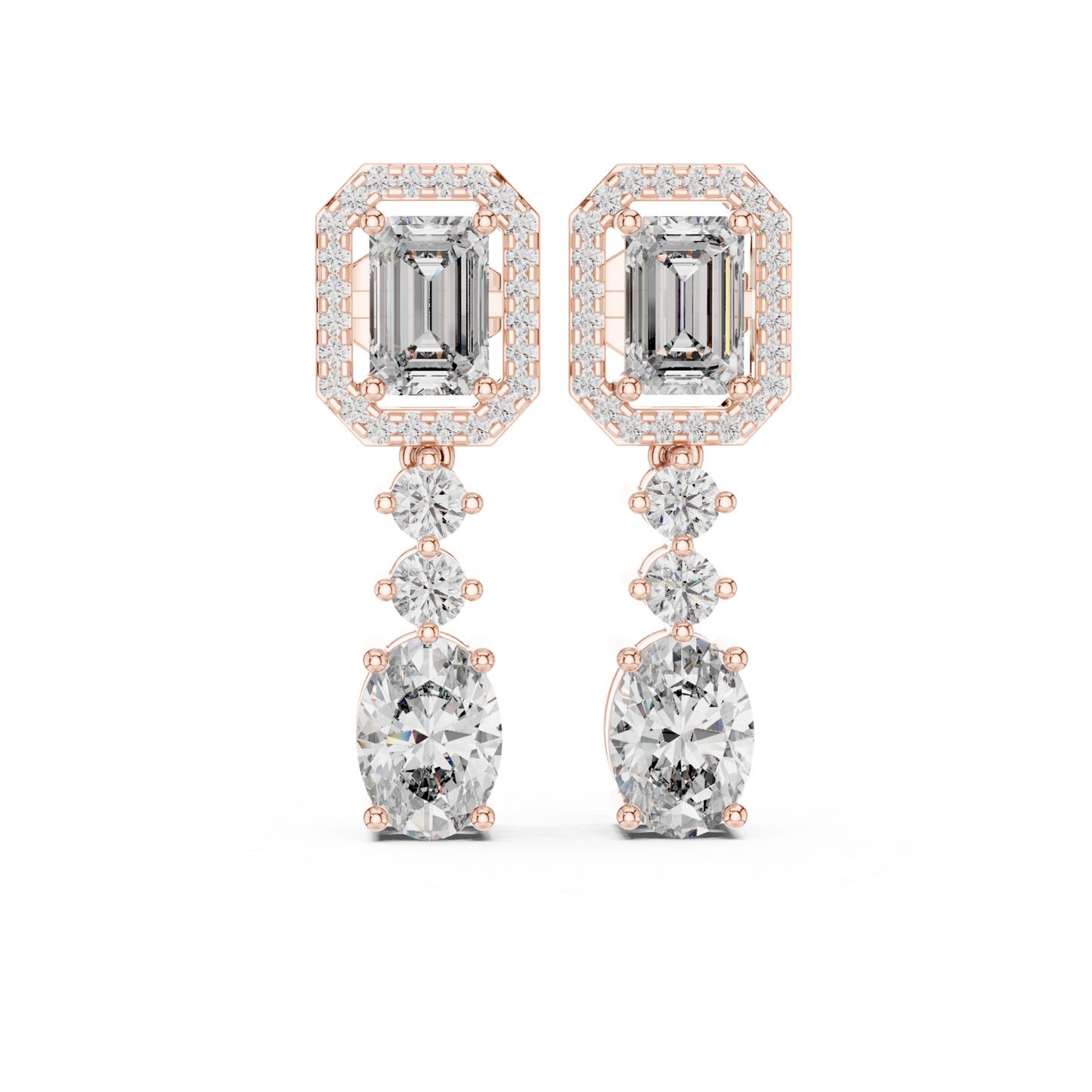 Emerald halo and oval diamond drop earrings in rose gold
Rose gold emerald cut halo diamond dangle earrings
Oval diamond drop earrings with emerald halo top
Luxury rose gold diamond statement earrings
Emerald and oval cut diamond drop earrings for women
Rose gold geometric diamond dangle earrings
Oval lab diamond drop earrings with halo design
Elegant rose gold diamond drop earrings
Emerald cut top and oval bottom diamond earrings
Rose gold multi stone diamond dangle earrings