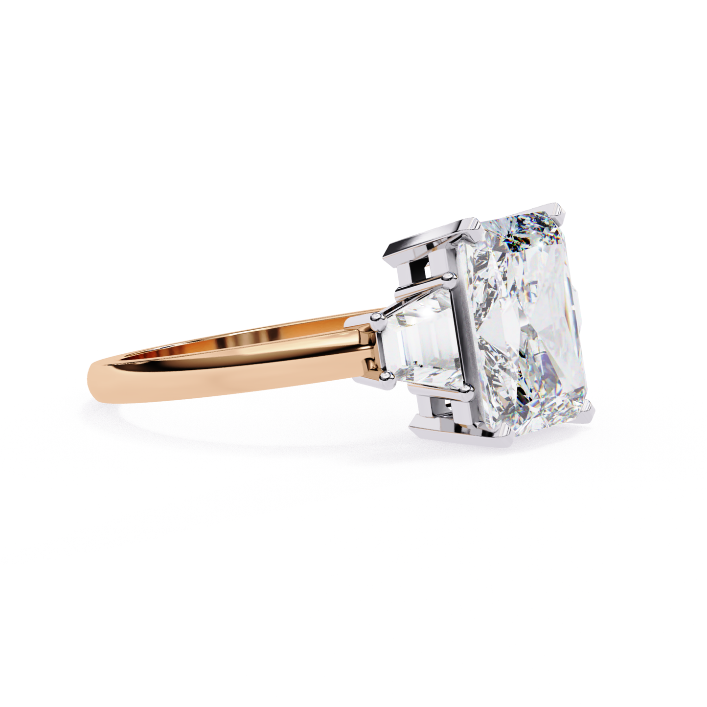 Emerald side view ring
Rose gold band side
Step cut diamond side
Polished ring profile
Prong setting side
Clean band finish
Elegant side angle
Gold shank view
Diamond mount detail
Ring side close view