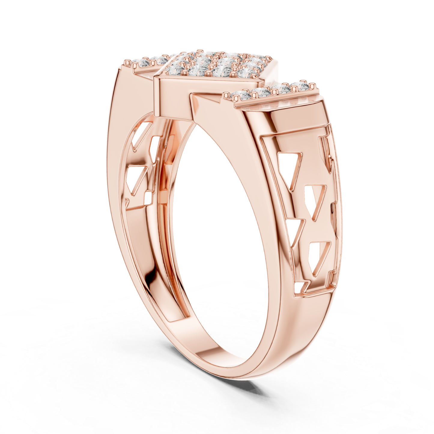 Rose gold geometric diamond ring rear view
Rear view of diamond cluster ring in rose gold
Rose gold statement ring with open band design
Polished rose gold ring with geometric rear profile
Round cut diamond ring with rear rose gold band
Rose gold fashion ring with raised cluster top
Elegant rear view of rose gold diamond ring
Modern rose gold geometric ring with open profile
Luxury rose gold ring with polished rear finish
Rose gold multi diamond ring with bold rear band