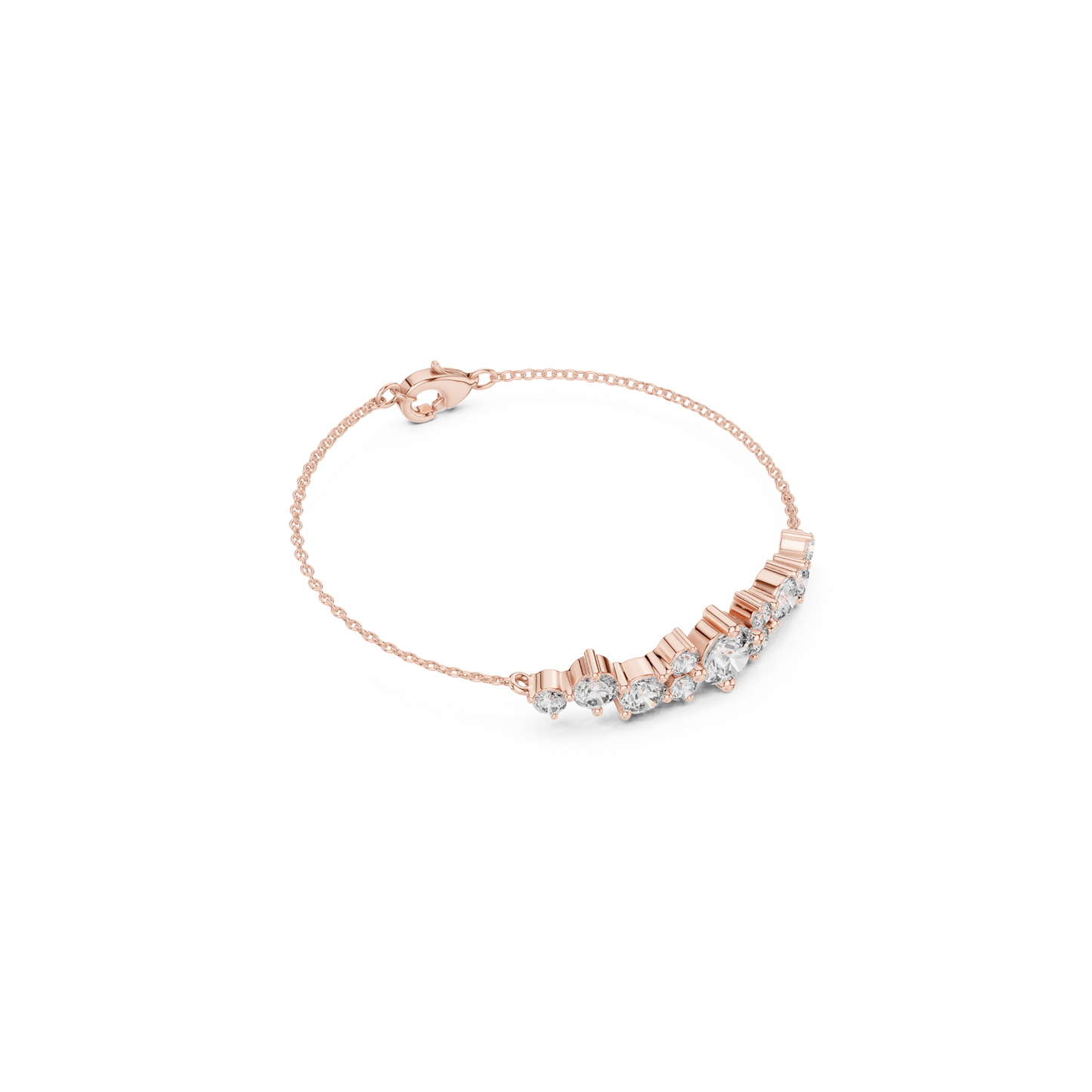 Top view rose gold graduated diamond bracelet
Rose gold chain bracelet with round diamonds
Angled view diamond chain bracelet design
Rose gold bracelet with graduated stone layout
Round diamond bracelet with fine link chain
Rose gold diamond bracelet overhead view
Delicate chain bracelet with clustered diamonds
Rose gold bracelet featuring round brilliant diamonds
Graduated diamond arrangement chain bracelet
Rose gold diamond bracelet with lobster clasp