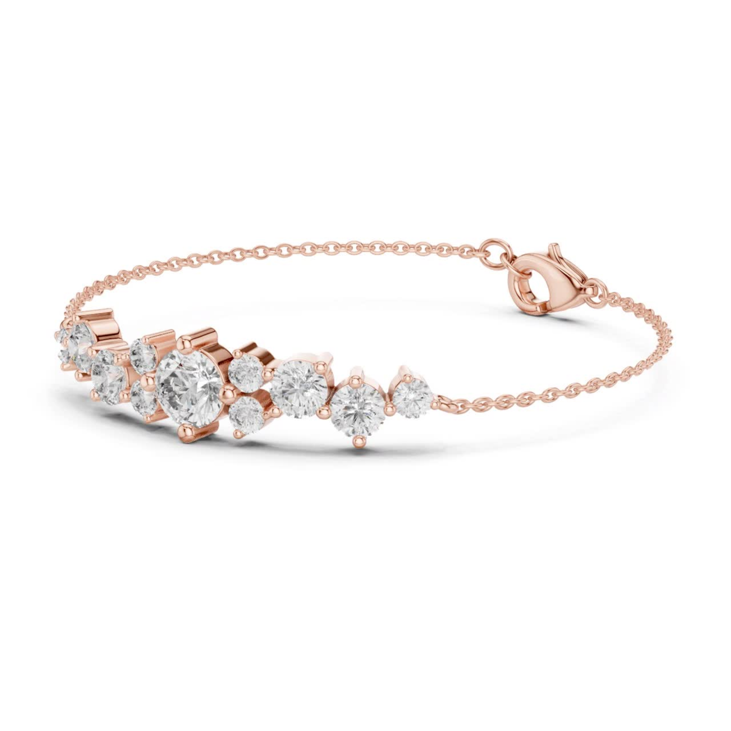 Rose gold graduated round diamond chain bracelet
Round diamond bracelet with center stone design
Rose gold bracelet featuring graduated diamonds
Multi size round diamond chain bracelet
Rose gold diamond bracelet with prong settings
Graduated diamond station bracelet in rose gold
Fine chain bracelet with round brilliant diamonds
Rose gold diamond centerpiece bracelet
Delicate round diamond link bracelet
Rose gold bracelet with cascading diamond arrangement