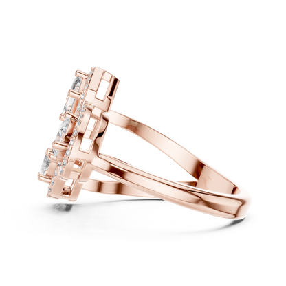 Side profile rose gold multi shape diamond halo ring
Rose gold halo diamond ring with split band
Multi shape diamond halo ring in rose gold
Elegant rose gold open style halo ring
Emerald and marquise diamond ring side view
Modern rose gold statement halo diamond ring
Luxury rose gold multi stone diamond ring
Rose gold designer ring with halo detailing
Contemporary split shank diamond halo ring
Rose gold ring with emerald and pear halo diamonds
