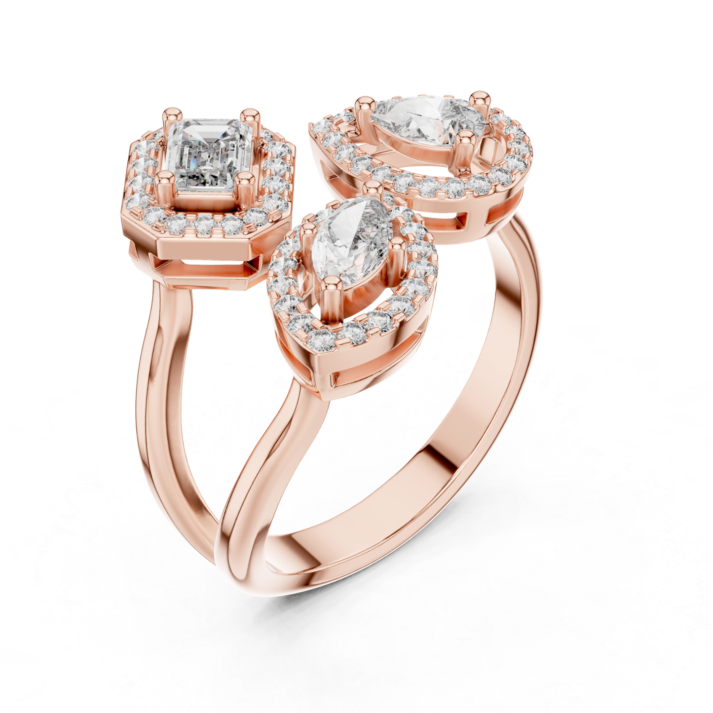 Rose gold multi shape diamond halo ring
Rose gold emerald and marquise diamond ring
Multi stone halo diamond ring in rose gold
Rose gold diamond cluster ring angled view
Mixed shape diamond halo ring rose gold
Rose gold three stone diamond halo ring
Open design diamond halo ring rose gold
Rose gold statement diamond ring
Halo diamond ring with mixed cuts
Rose gold diamond ring perspective view