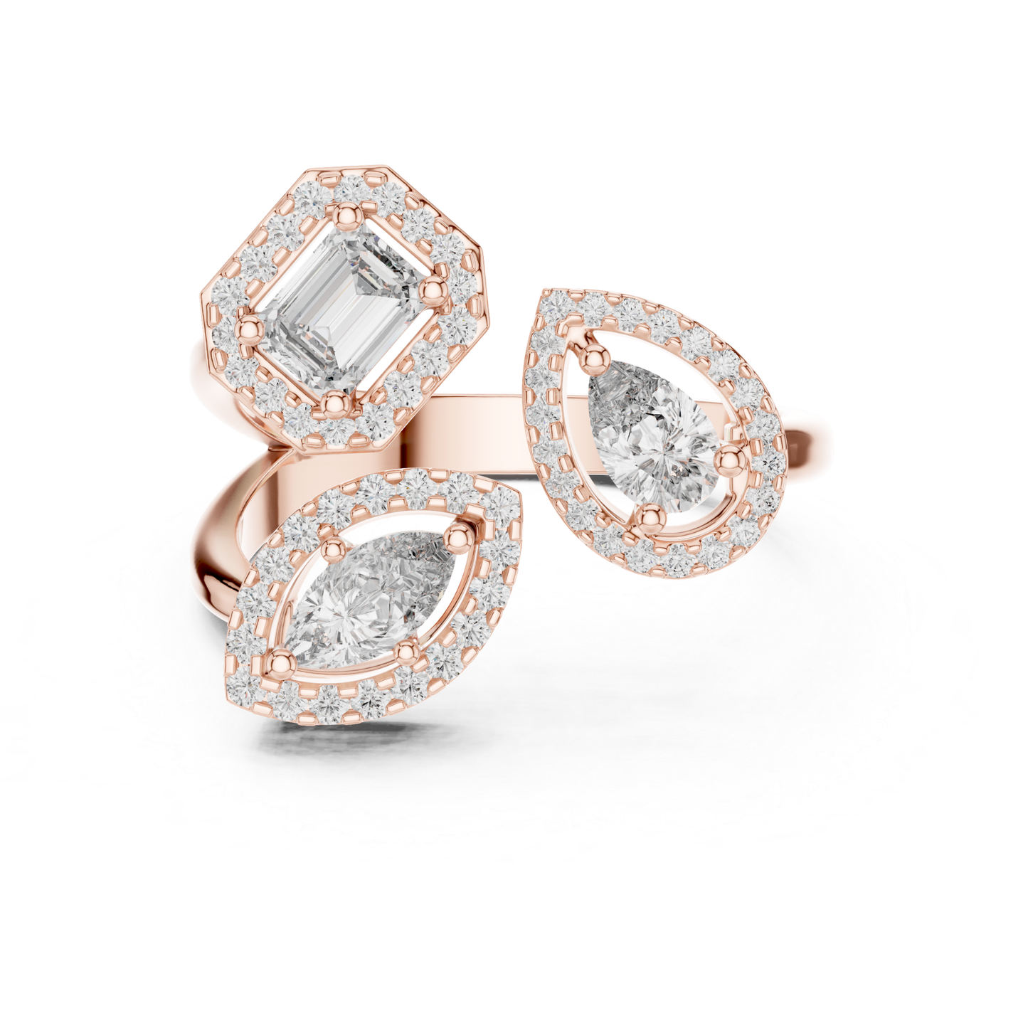 Rose gold multi shape diamond halo ring
Open style rose gold diamond statement ring
Emerald and marquise diamond halo ring in rose gold
Modern rose gold multi diamond ring
Halo diamond ring with mixed stone shapes
Rose gold designer ring with diamond halos
Elegant multi shape diamond ring in rose gold
Contemporary open ring with halo diamonds
Rose gold statement ring with emerald and marquise diamonds
Luxury multi stone halo ring in rose gold