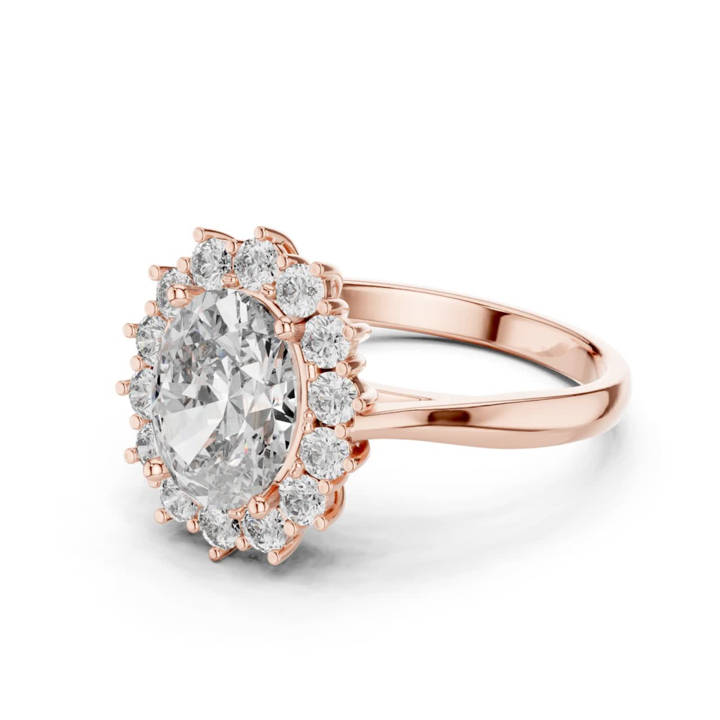 Side view rose gold oval diamond halo ring
Rose gold oval halo engagement ring angle
Oval cut diamond halo ring rose gold profile
Rose gold diamond halo ring side view
Elegant oval halo ring rose gold
Oval diamond cluster halo ring side profile
Rose gold prong set oval halo ring
Oval engagement ring with halo side angle
Rose gold floral halo diamond ring
Oval solitaire halo ring rose gold view